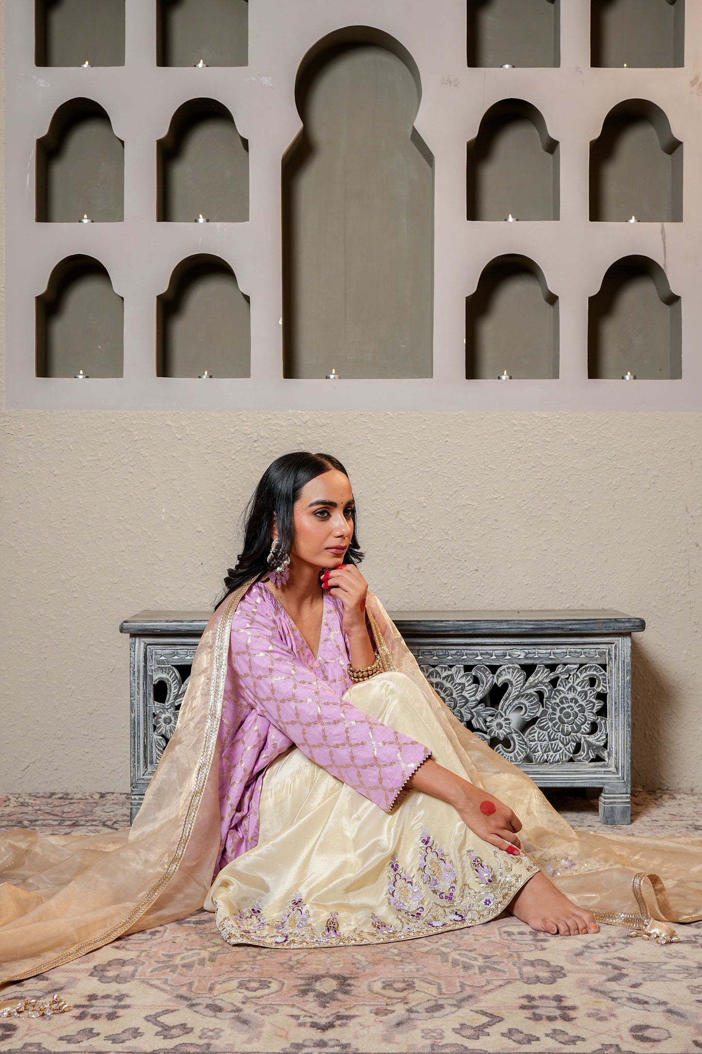 Golden & Purple Banarasi Silk Sharara Set With Cut-dana & Moti Hand Work