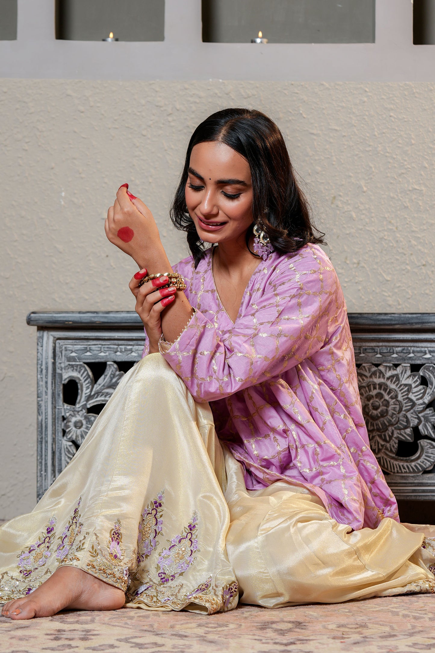 Golden & Purple Banarasi Silk Sharara Set With Cut-dana & Moti Hand Work