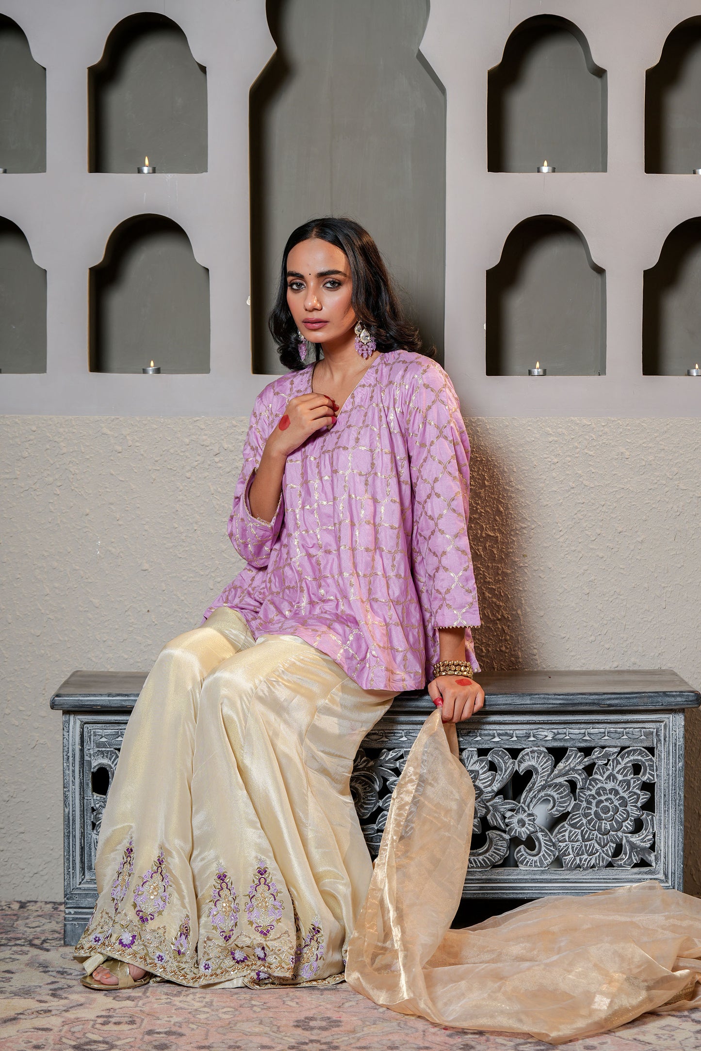 Golden & Purple Banarasi Silk Sharara Set With Cut-dana & Moti Hand Work