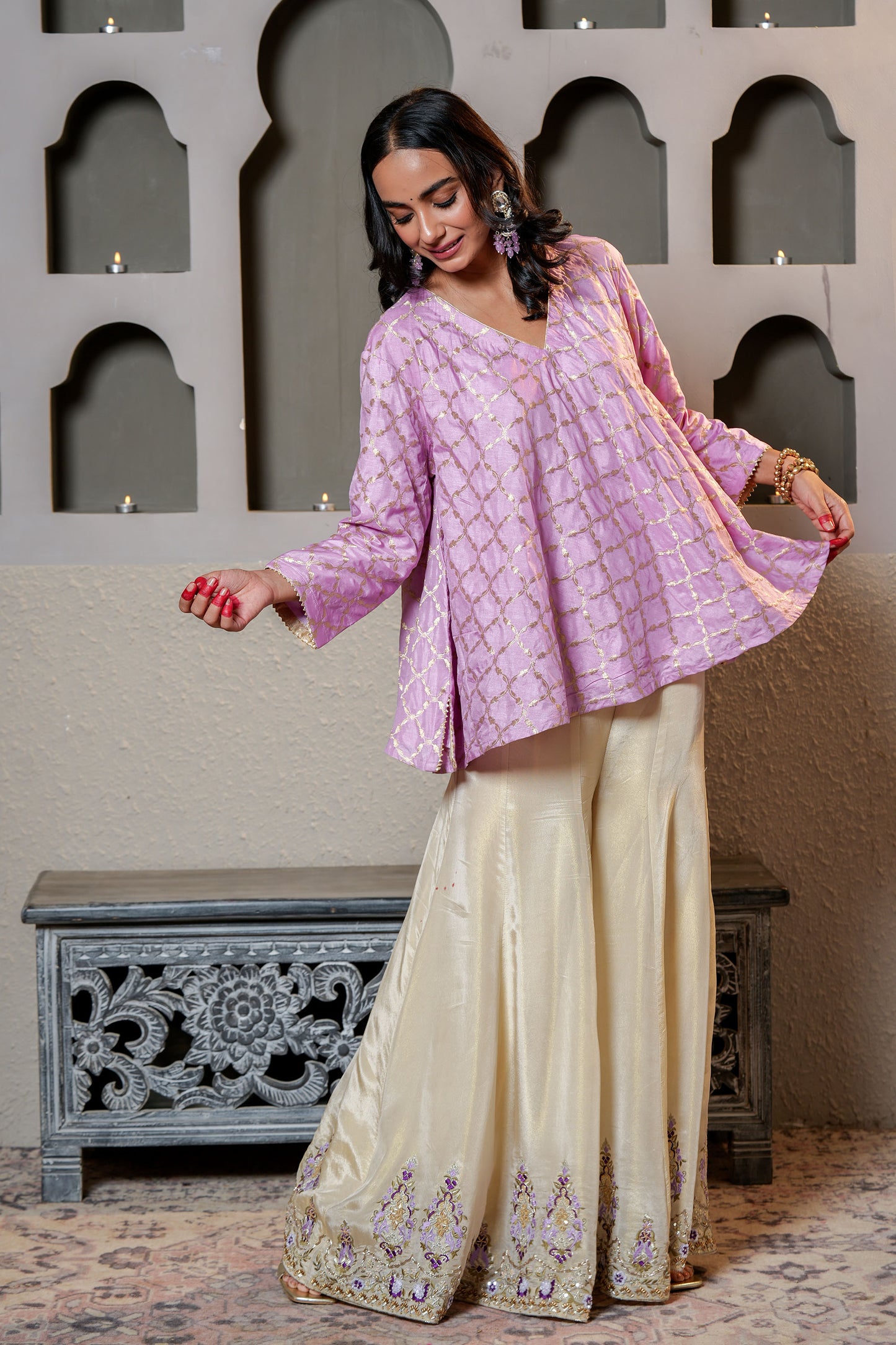 Golden & Purple Banarasi Silk Sharara Set With Cut-dana & Moti Hand Work