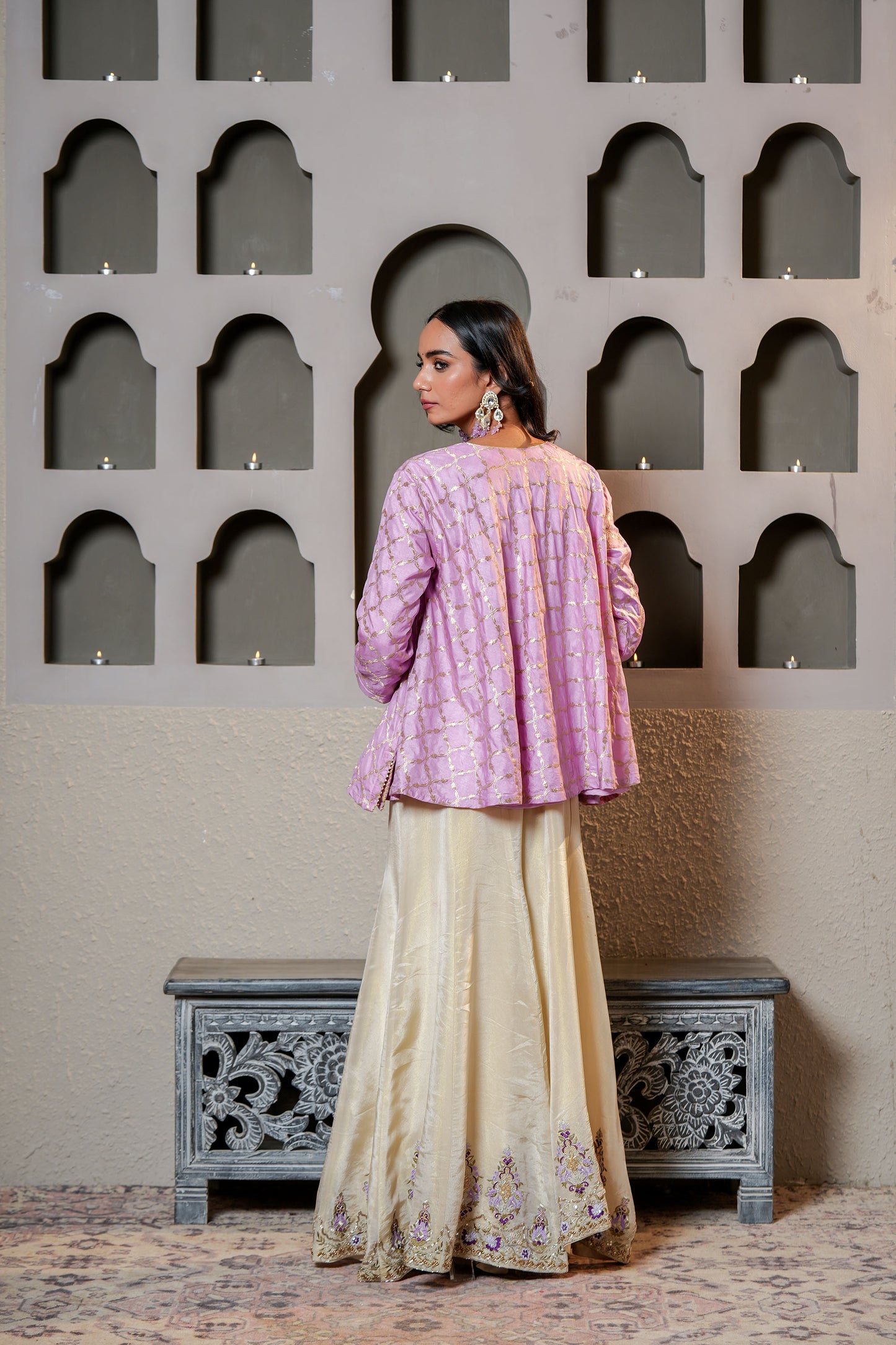 Golden & Purple Banarasi Silk Sharara Set With Cut-dana & Moti Hand Work