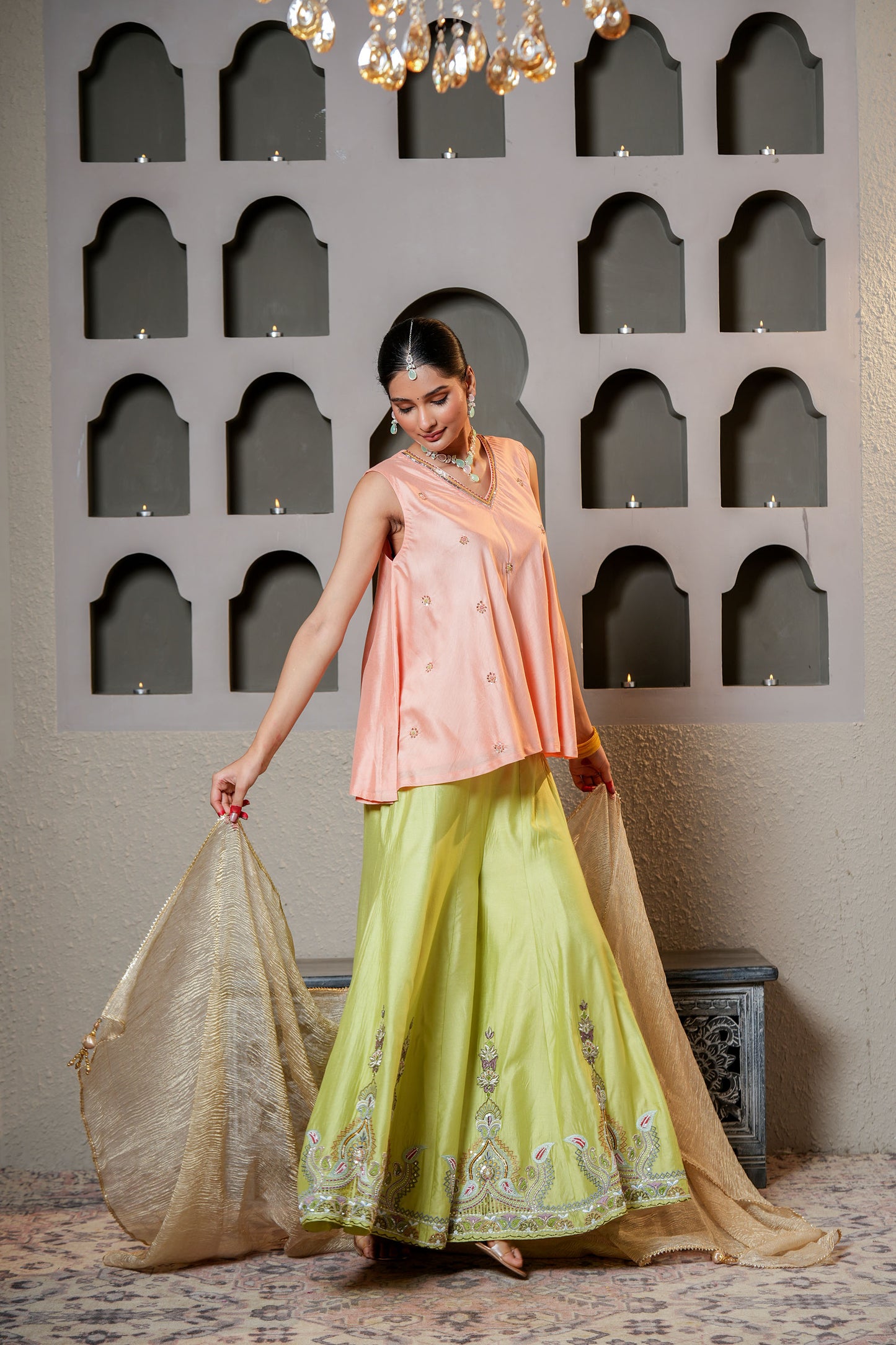 Peach- & Green Chanderi Pure Cut-dana & Moti Hand Work Sharara Set