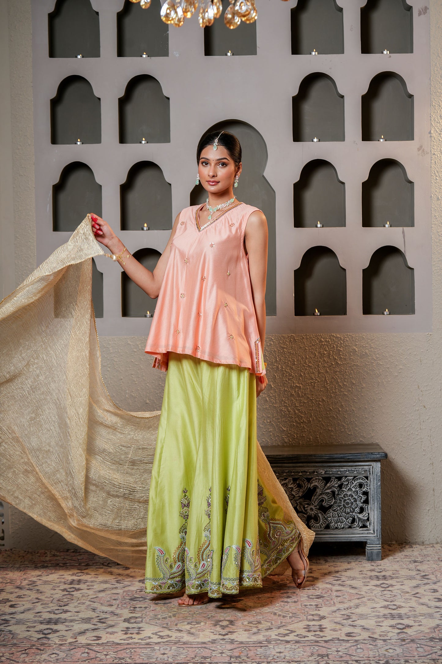 Peach- & Green Chanderi Pure Cut-dana & Moti Hand Work Sharara Set