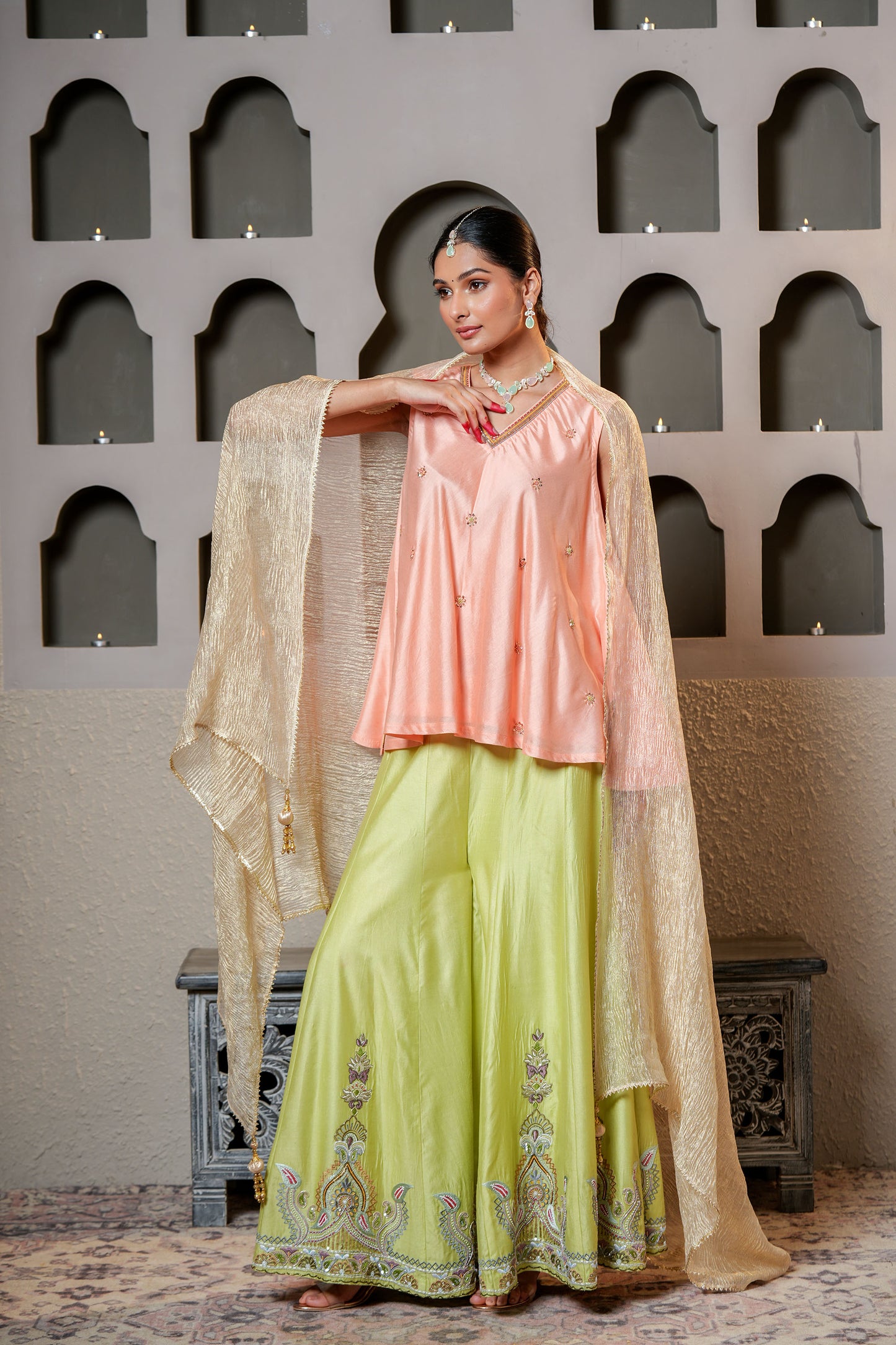 Peach- & Green Chanderi Pure Cut-dana & Moti Hand Work Sharara Set