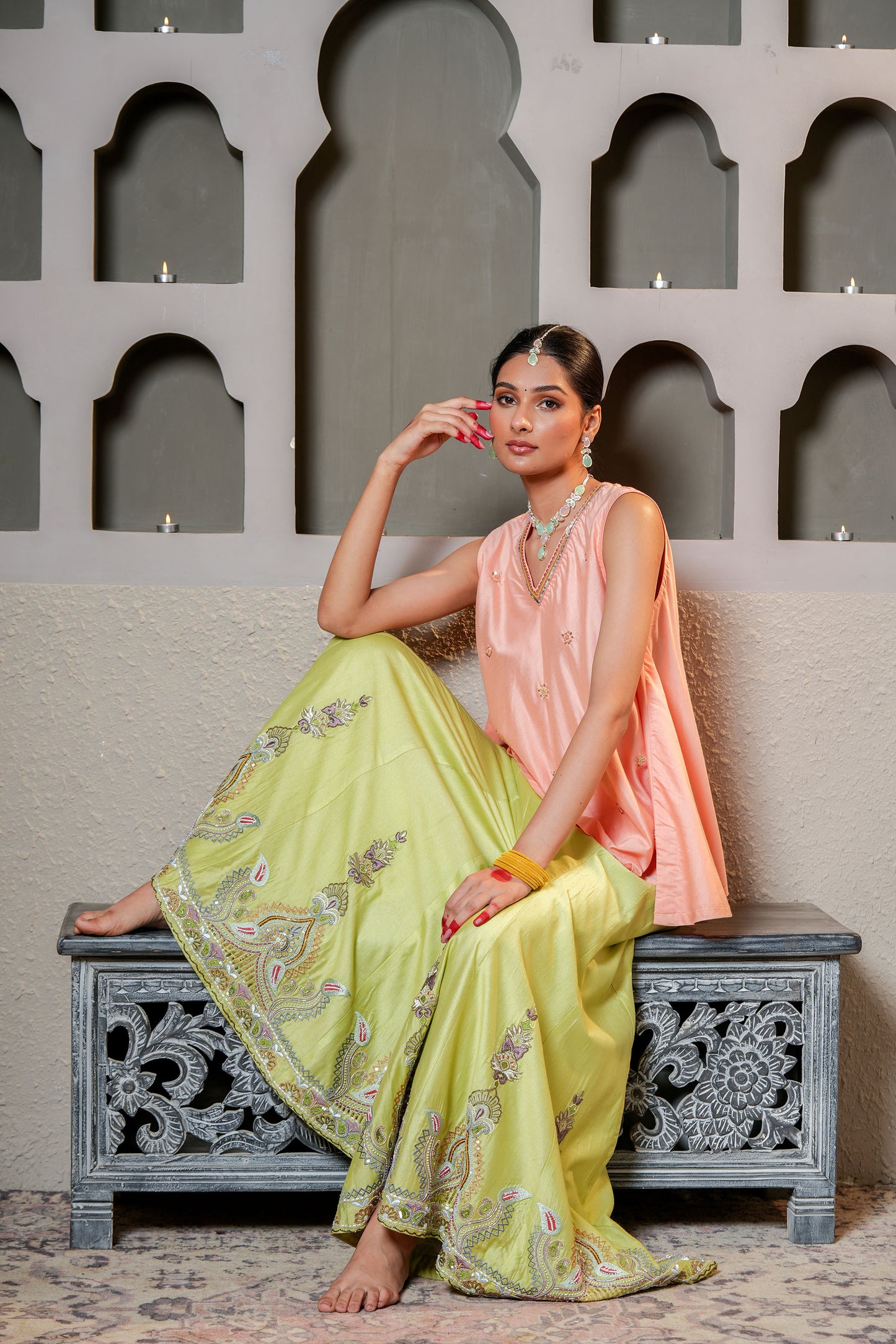 Peach- & Green Chanderi Pure Cut-dana & Moti Hand Work Sharara Set
