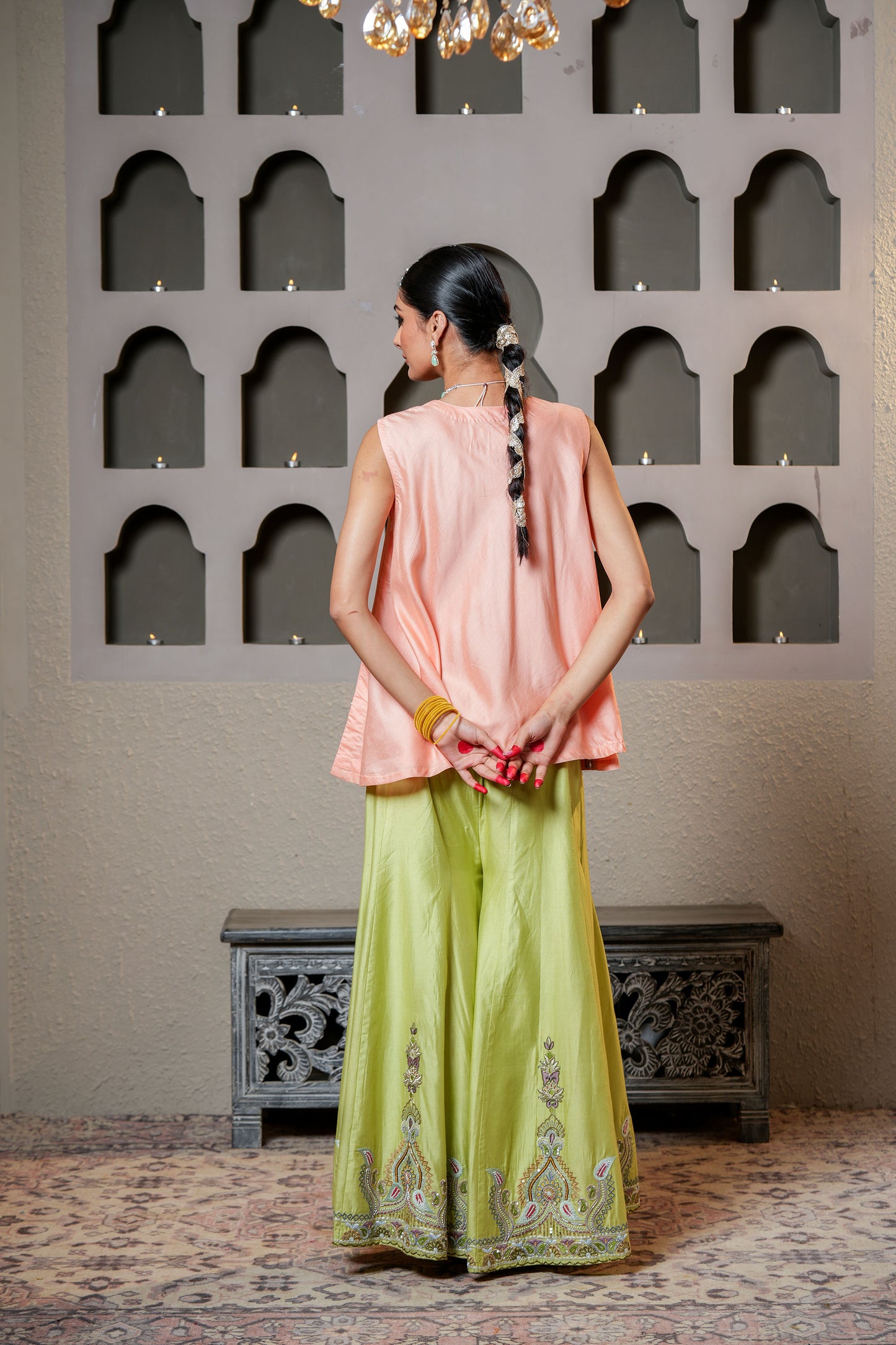 Peach- & Green Chanderi Pure Cut-dana & Moti Hand Work Sharara Set