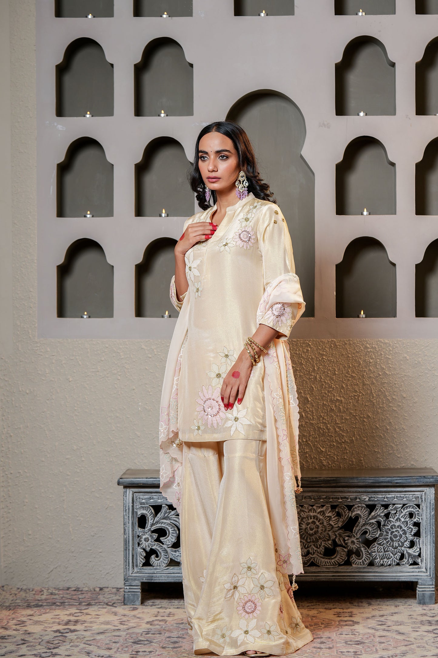 Beige Tissue With Flower Hand Work Sharara Set