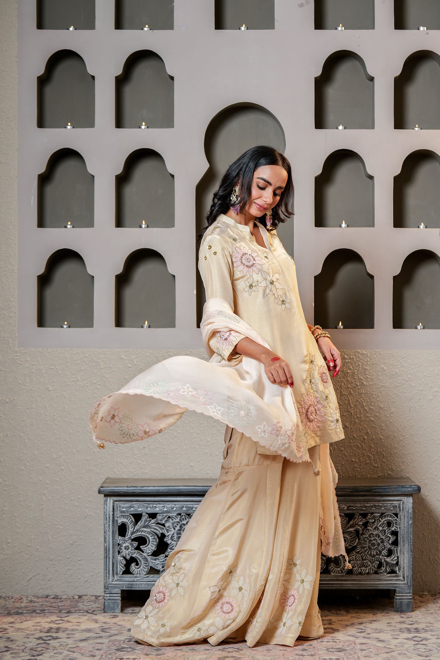 Beige Tissue With Flower Hand Work Sharara Set
