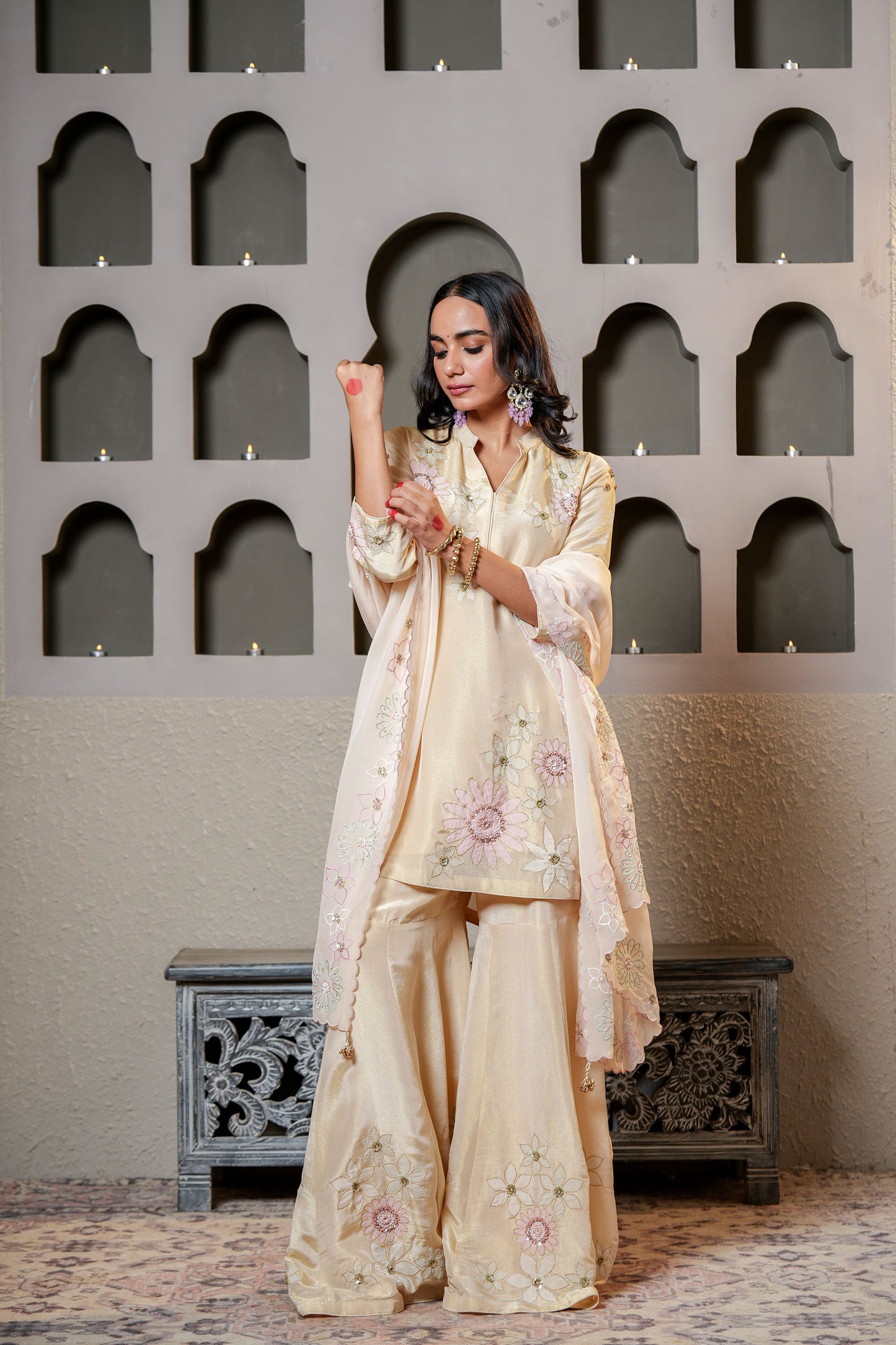 Beige Tissue With Flower Hand Work Sharara Set