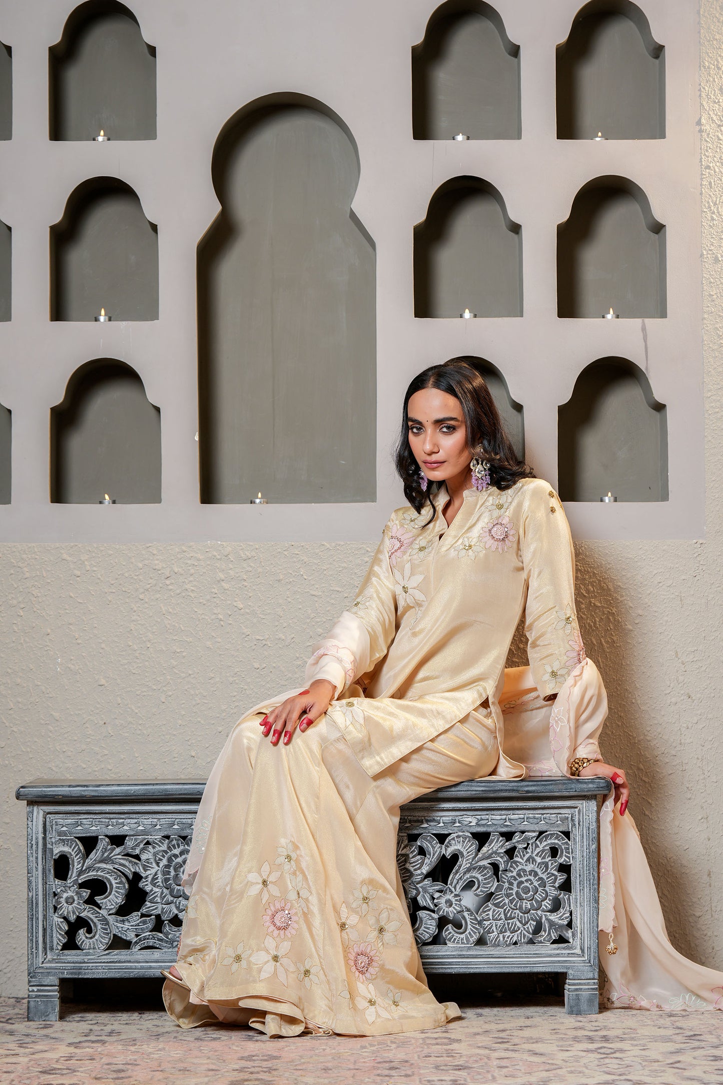 Beige Tissue With Flower Hand Work Sharara Set