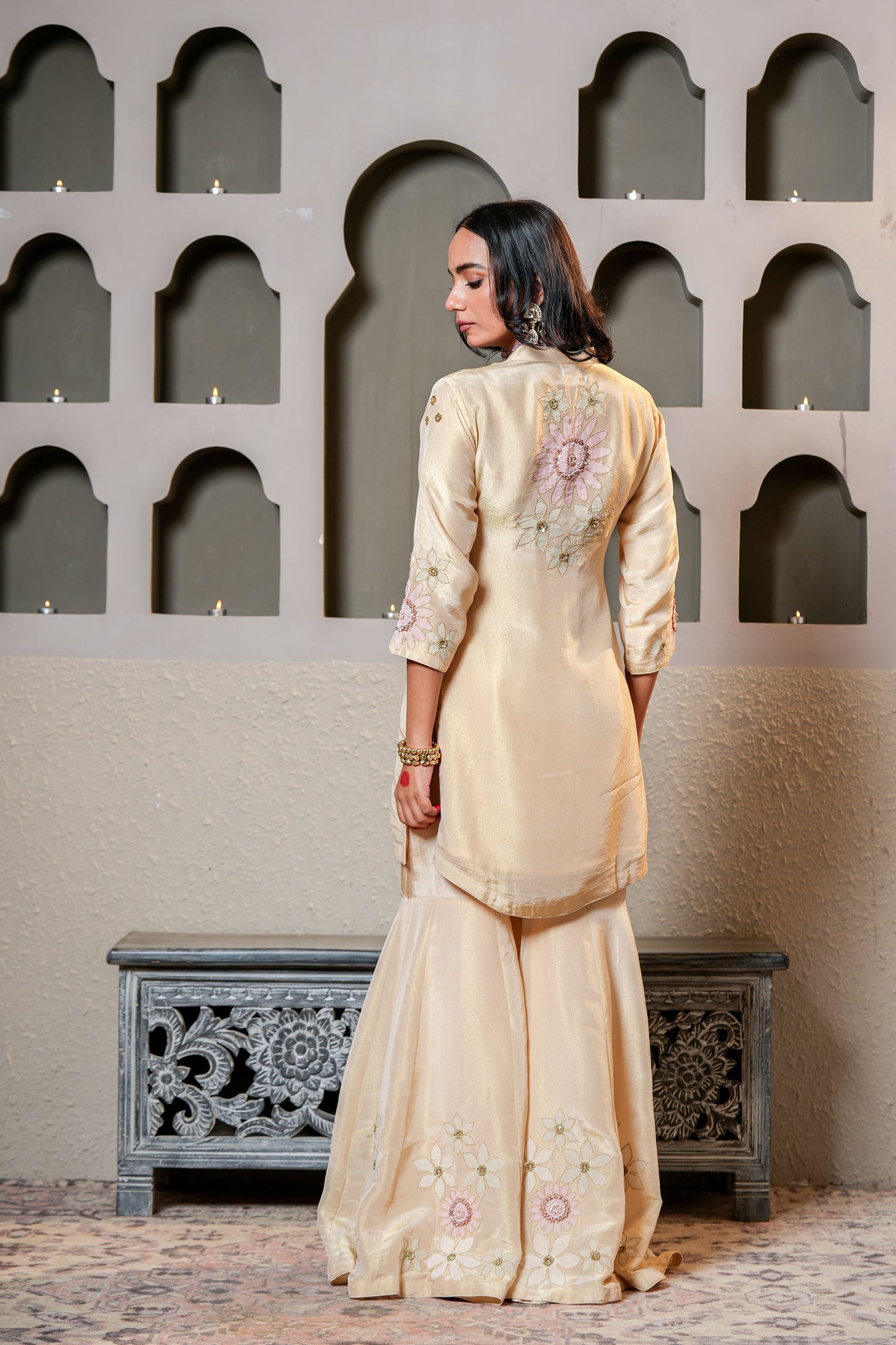 Beige Tissue With Flower Hand Work Sharara Set
