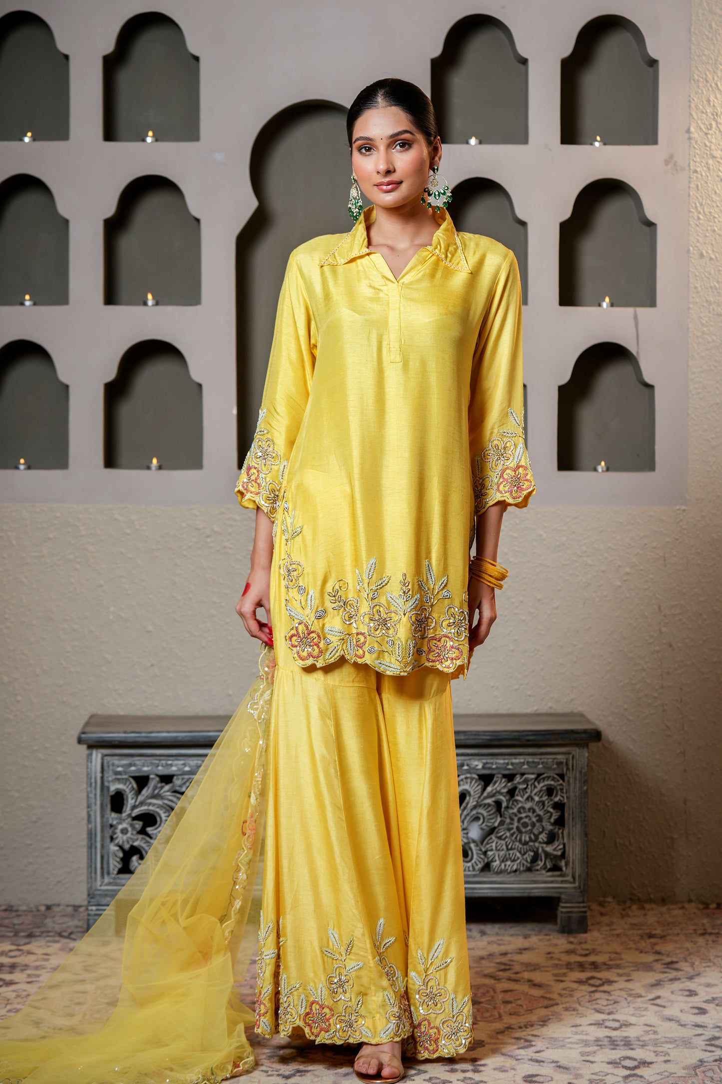 Yellow Dola Silk Cut Dana Hand Embroidery Party Wear Sharara