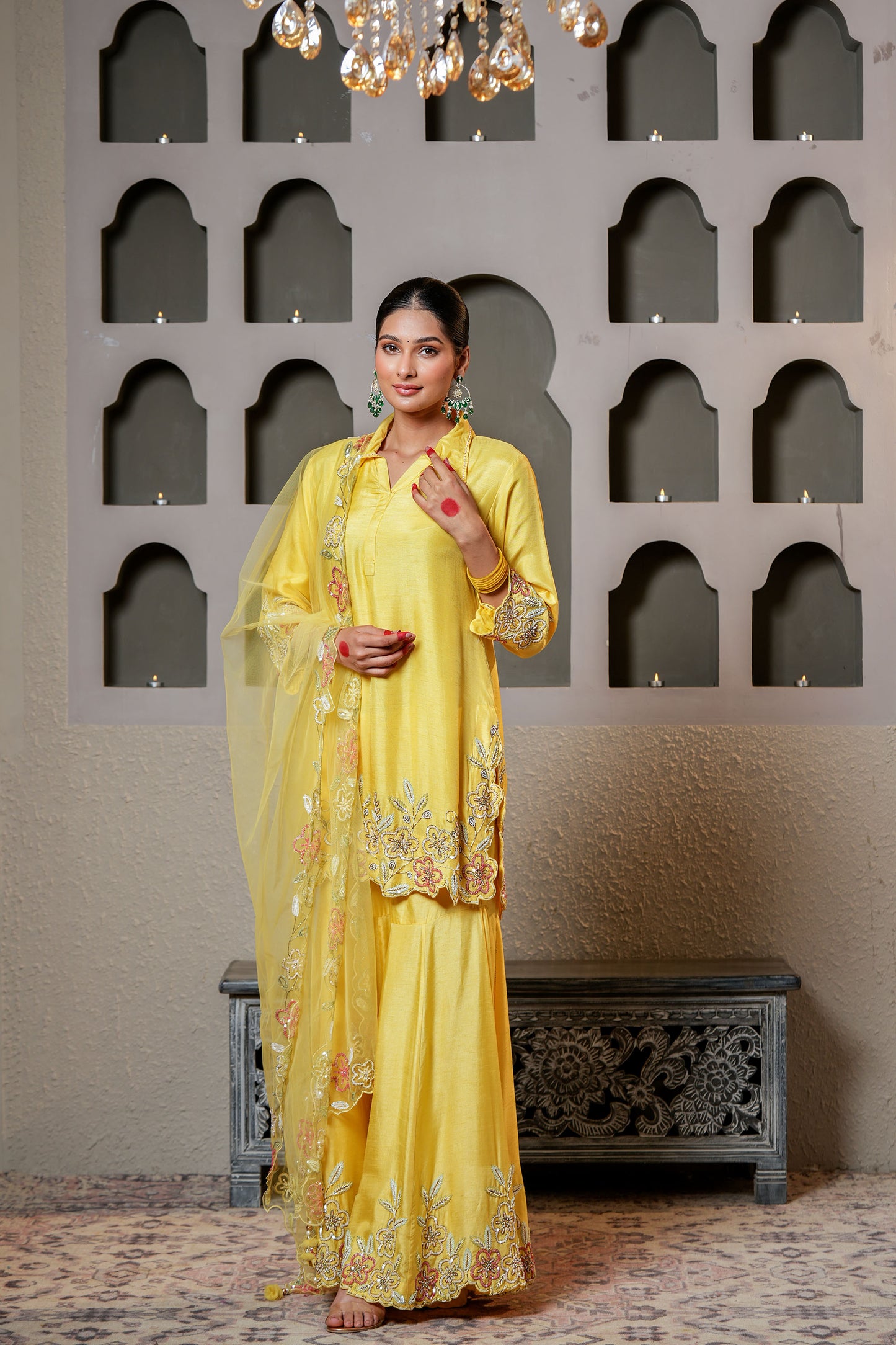 Yellow Dola Silk Cut Dana Hand Embroidery Party Wear Sharara