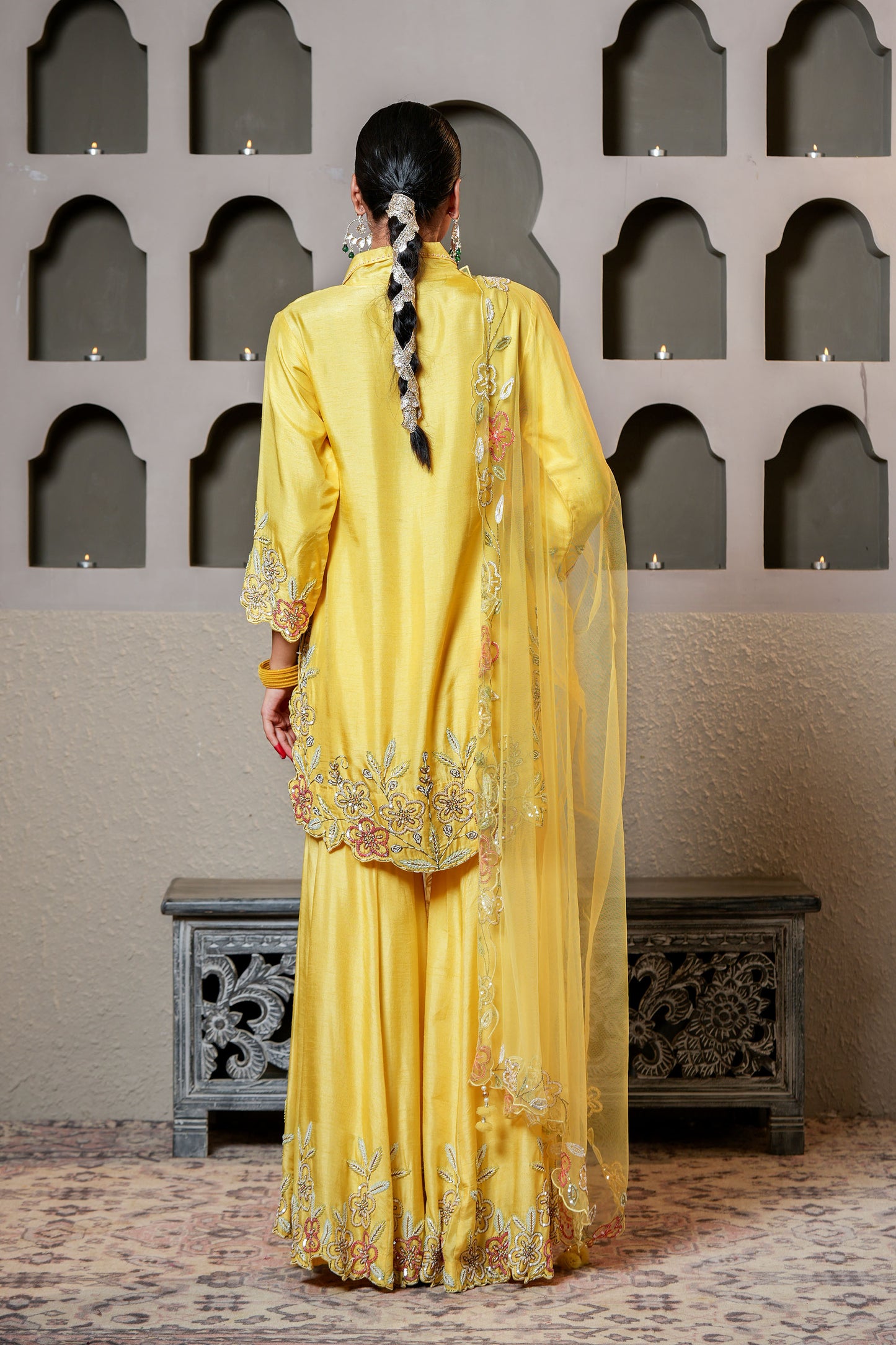 Yellow Dola Silk Cut Dana Hand Embroidery Party Wear Sharara