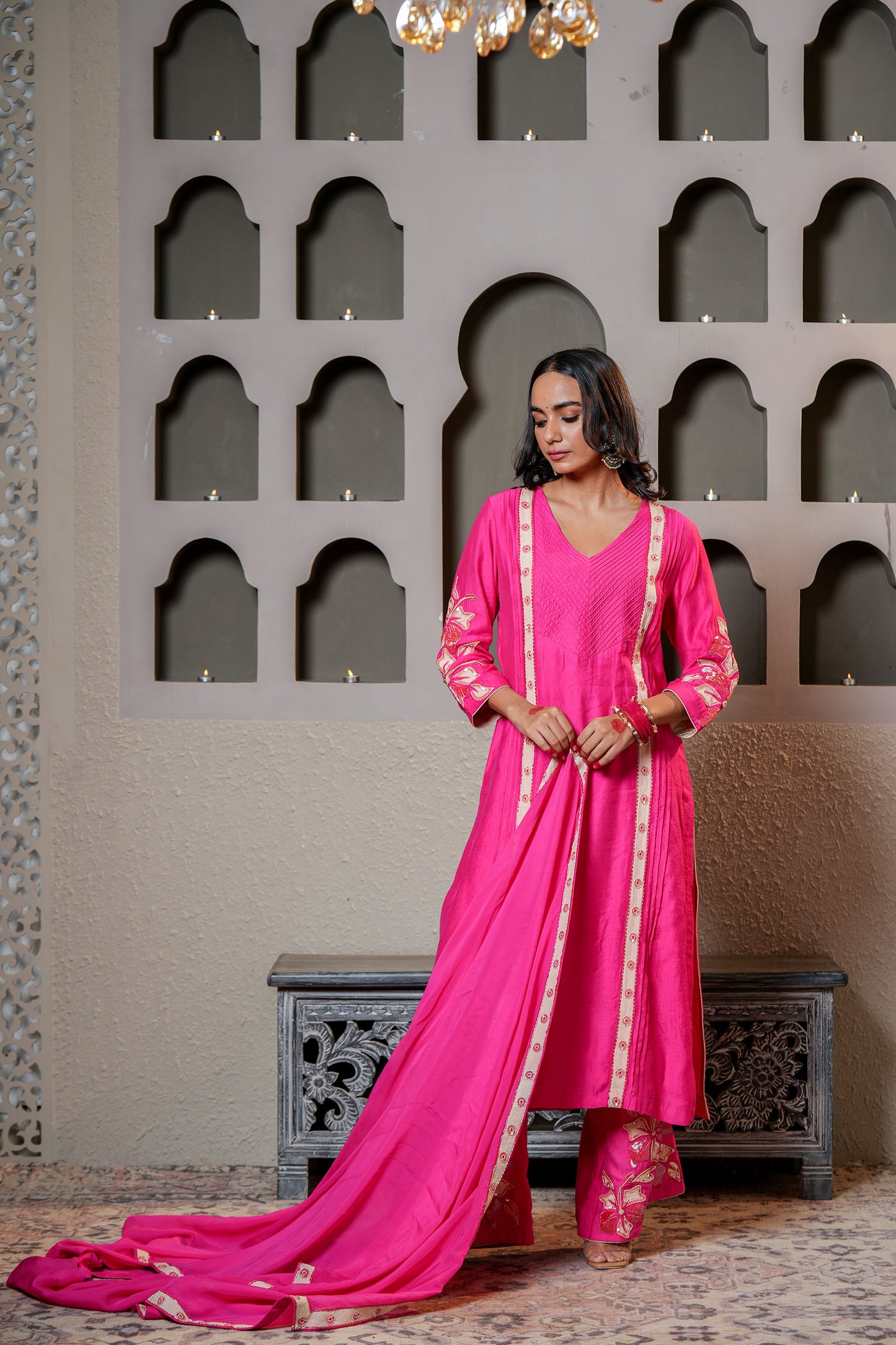 Royal Pink Dola Silk Suit Set Applique Cut Dana Work Suit Set