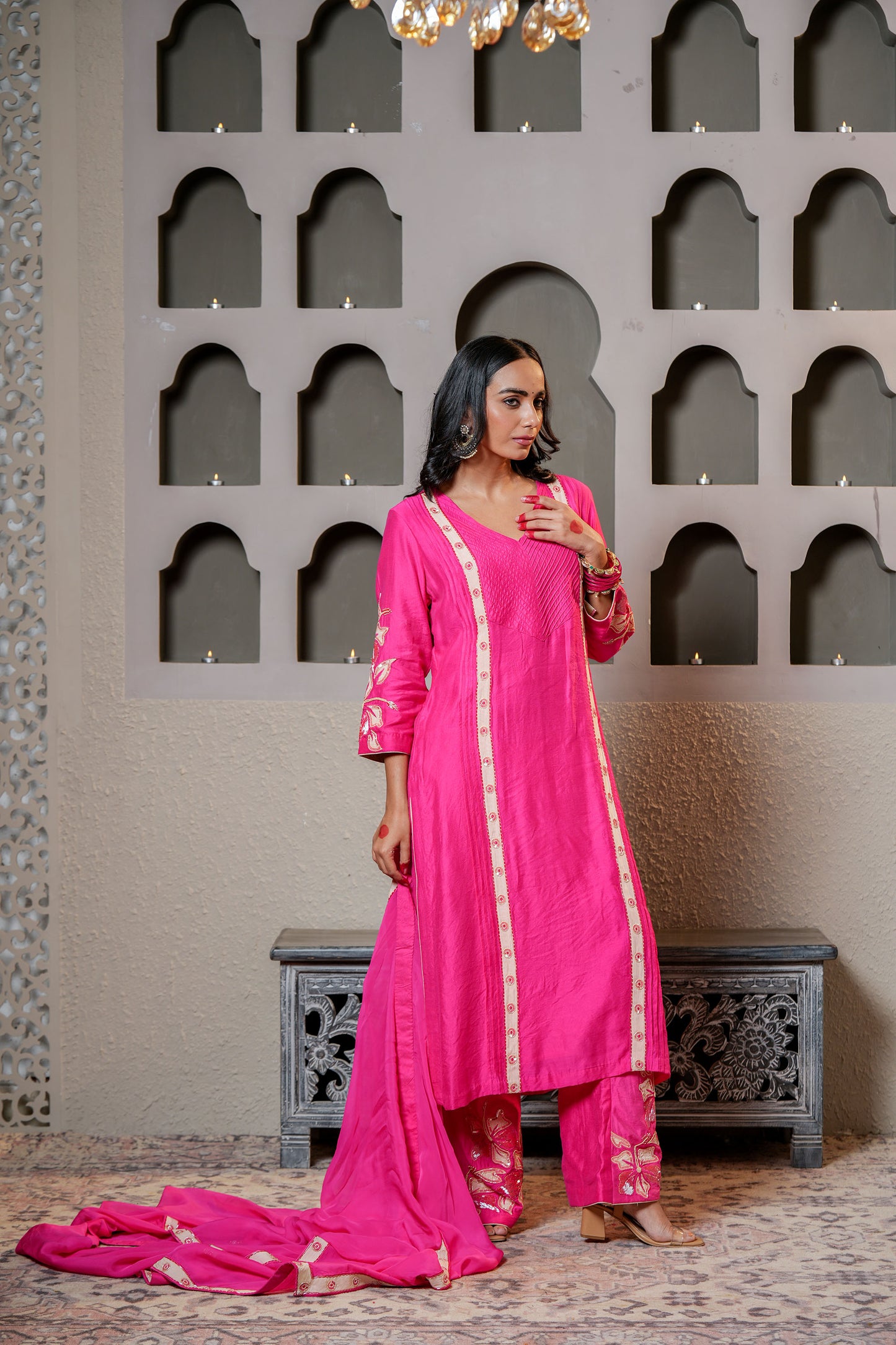 Royal Pink Dola Silk Suit Set Applique Cut Dana Work Suit Set