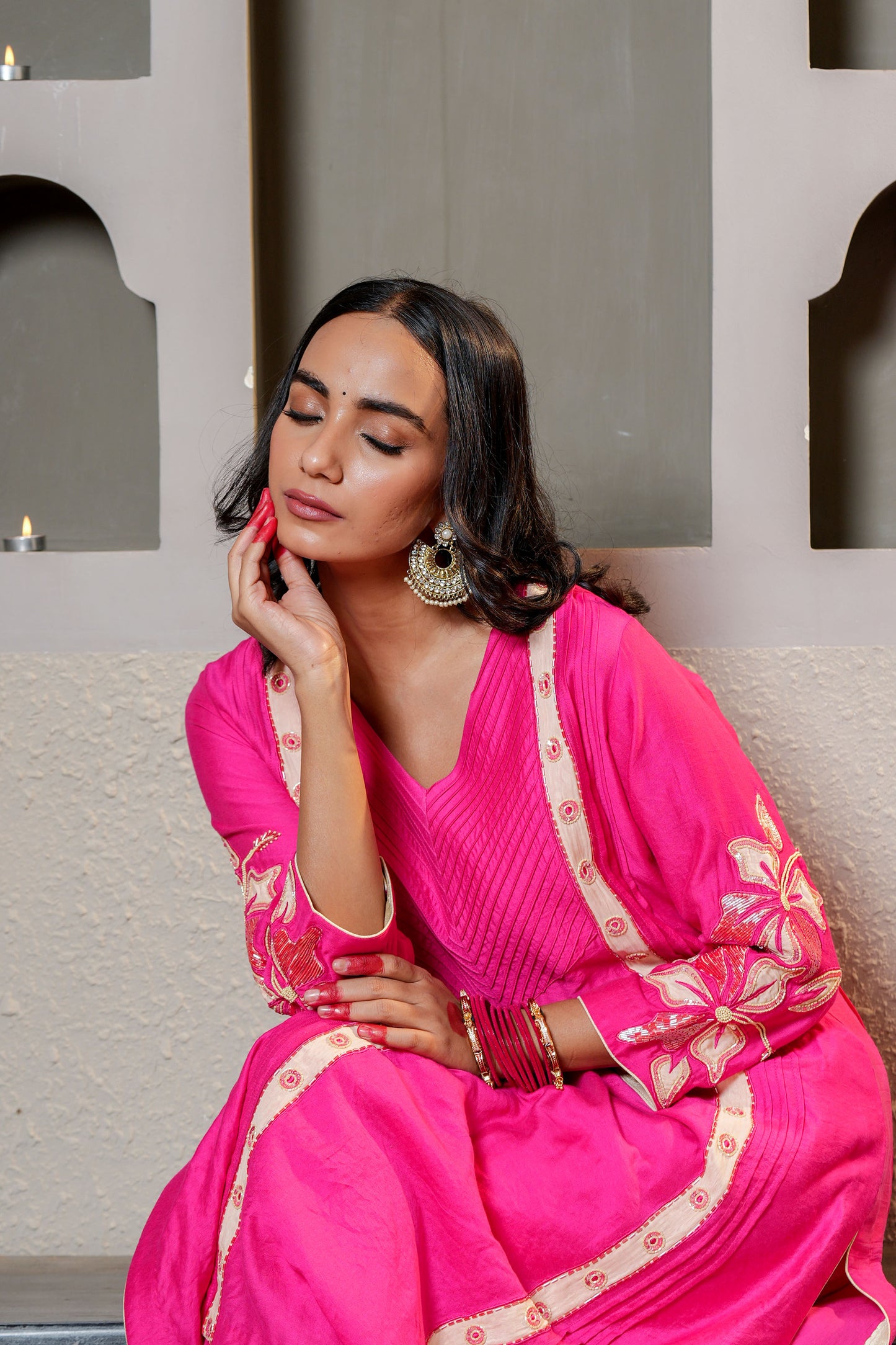 Royal Pink Dola Silk Suit Set Applique Cut Dana Work Suit Set