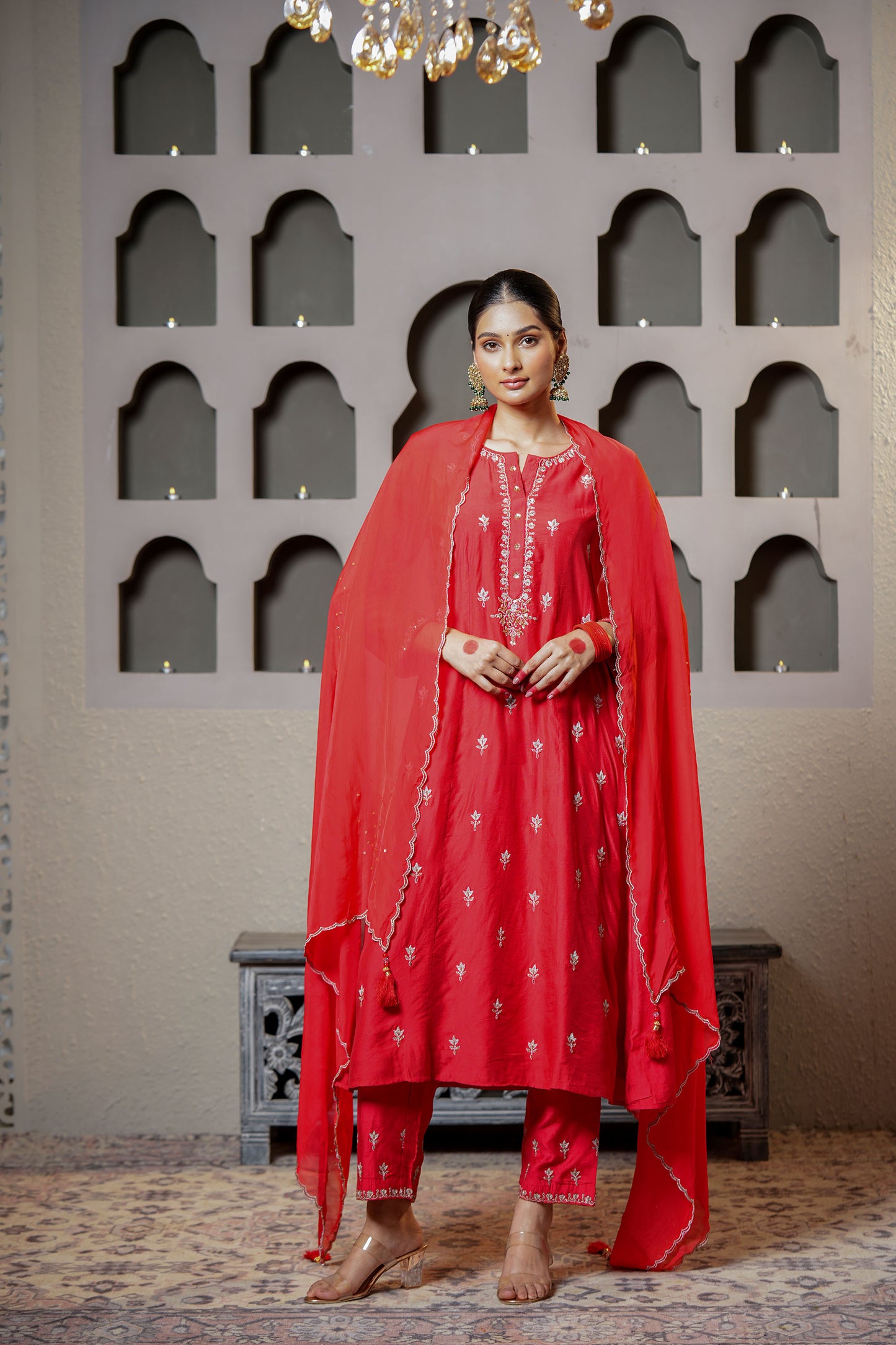 Red Chanderi Zari Booti & SequinsKurta Set
