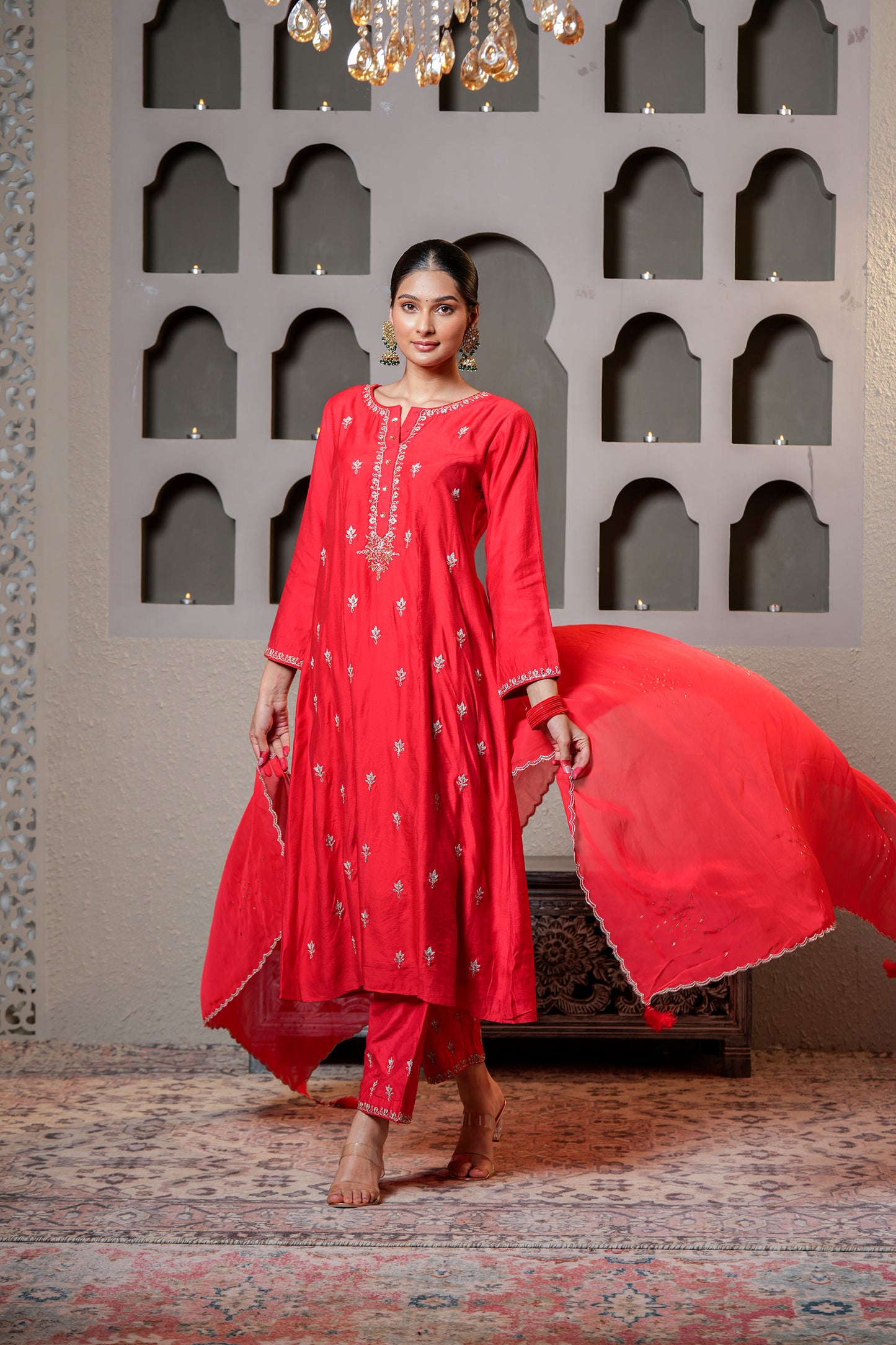 Red Chanderi Zari Booti & SequinsKurta Set