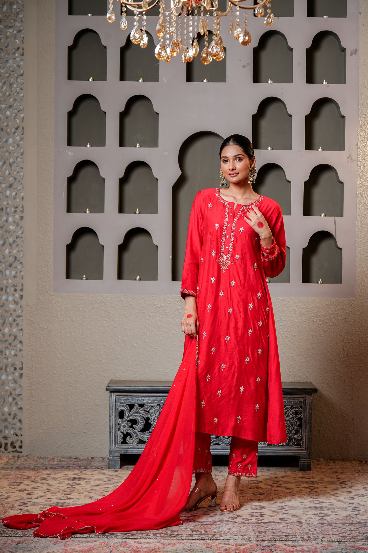 Red Chanderi Zari Booti & SequinsKurta Set