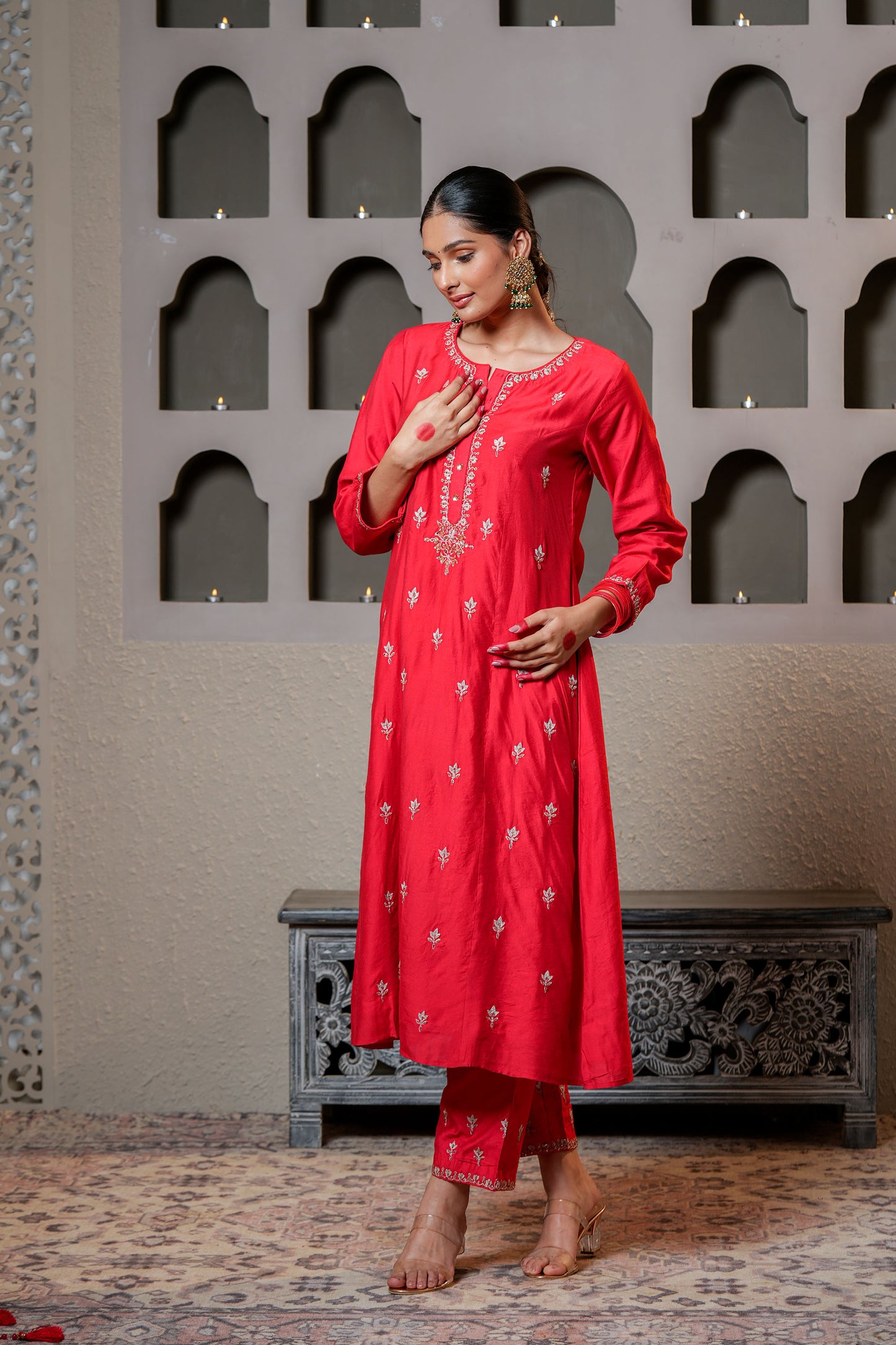Red Chanderi Zari Booti & SequinsKurta Set