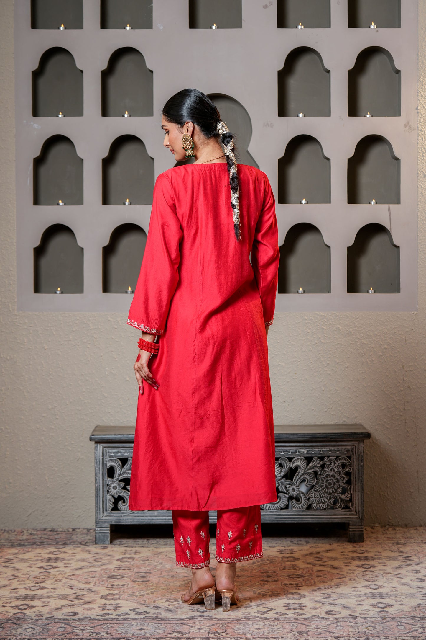 Red Chanderi Zari Booti & SequinsKurta Set