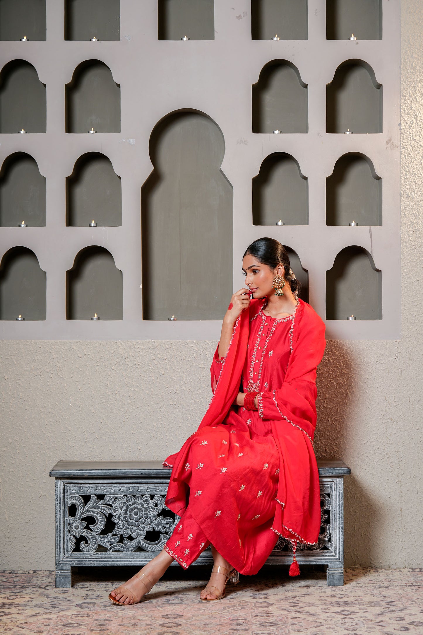 Red Chanderi Zari Booti & SequinsKurta Set