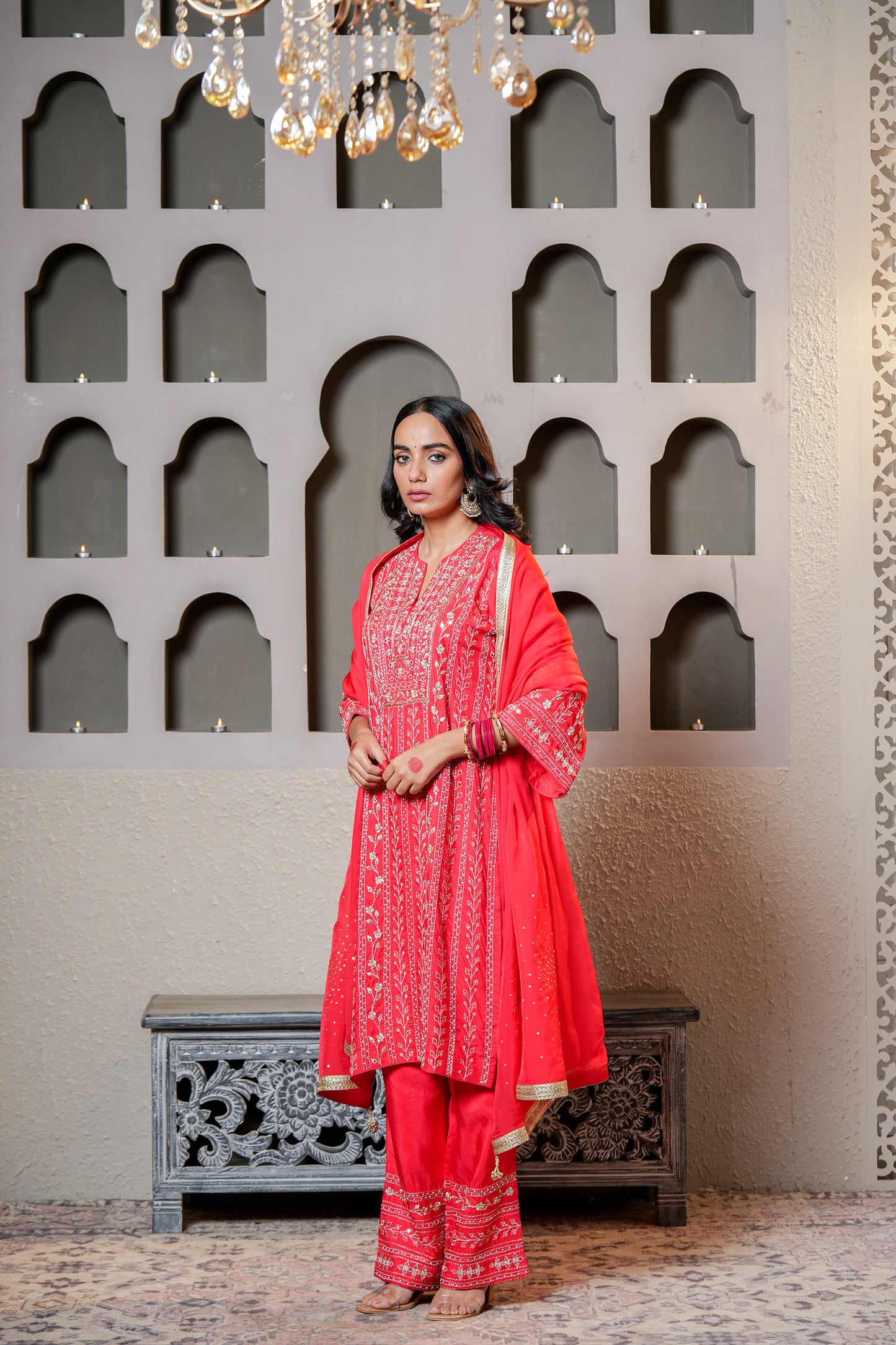 Red Chanderi Heavy Zari Hand Work Kurta Set