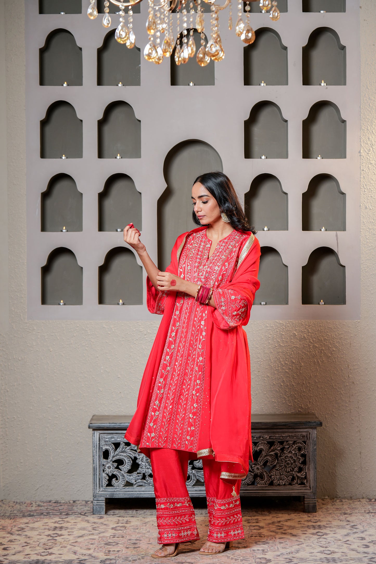 Red Chanderi Heavy Zari Hand Work Kurta Set