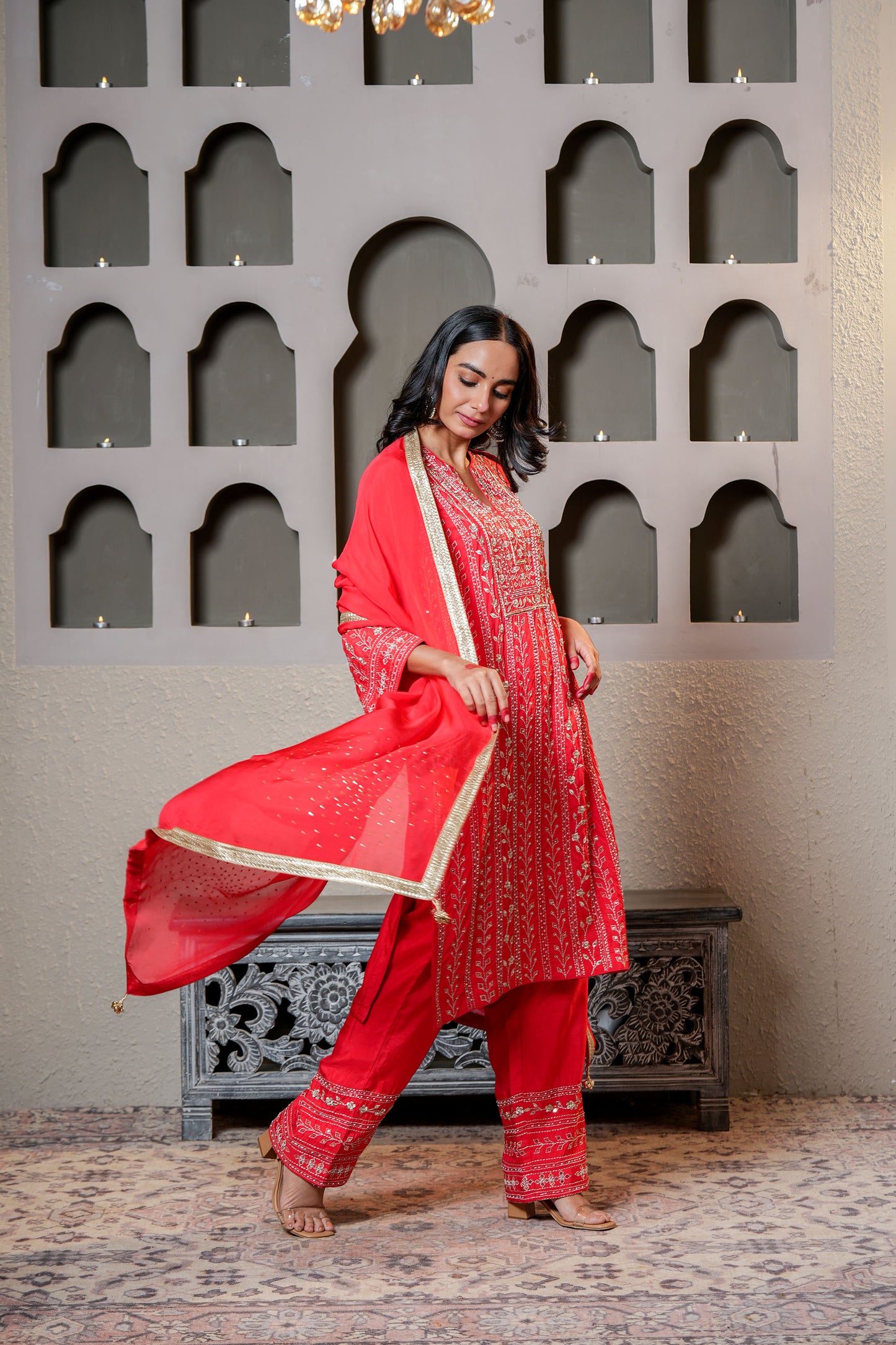 Red Chanderi Heavy Zari Hand Work Kurta Set