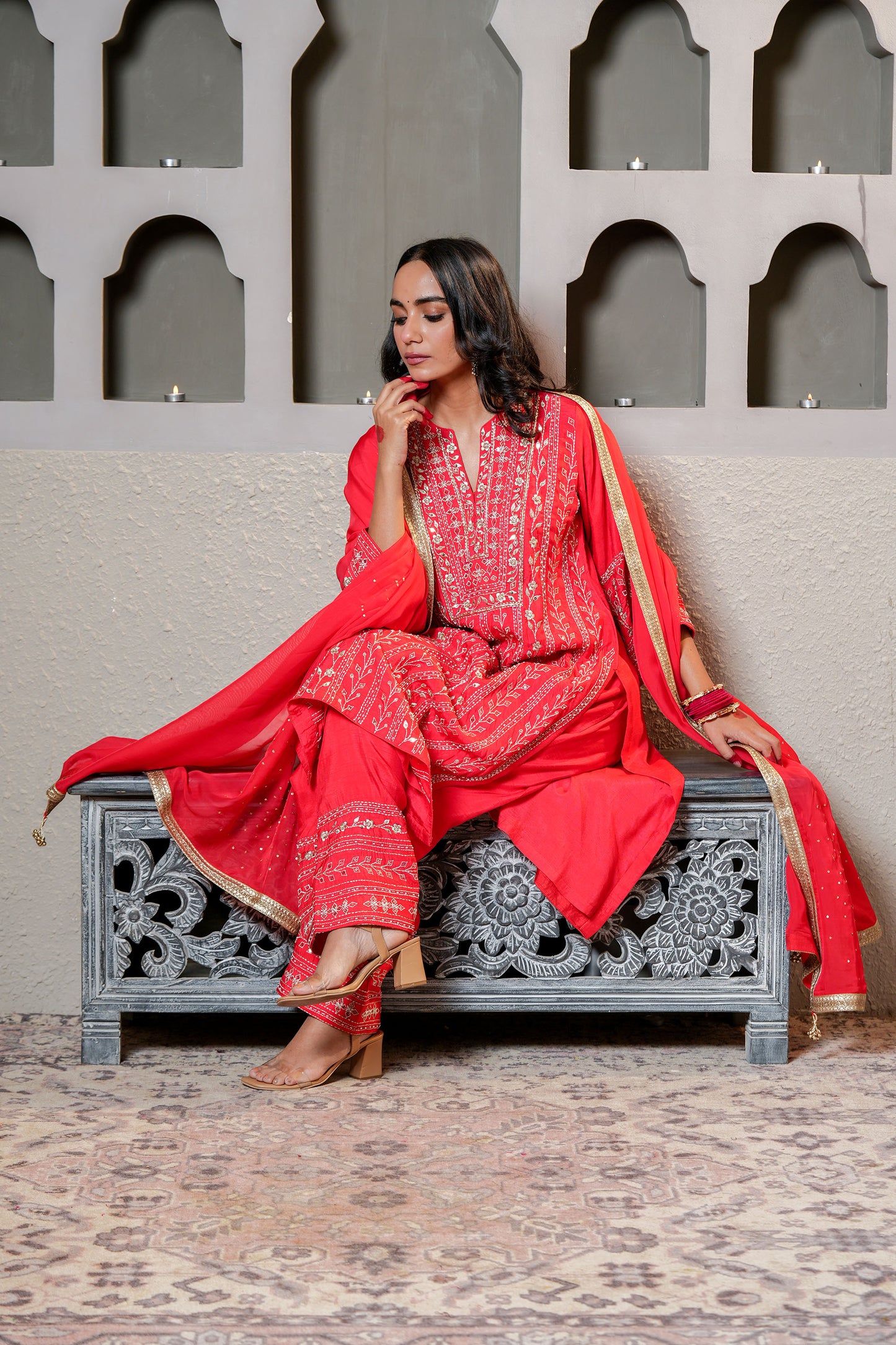 Red Chanderi Heavy Zari Hand Work Kurta Set