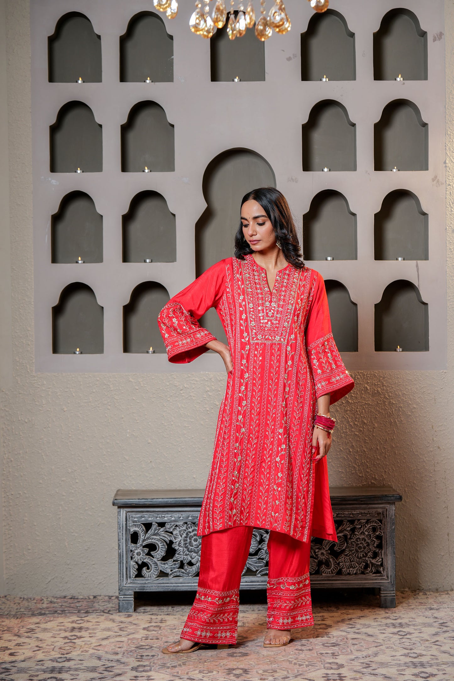 Red Chanderi Heavy Zari Hand Work Kurta Set