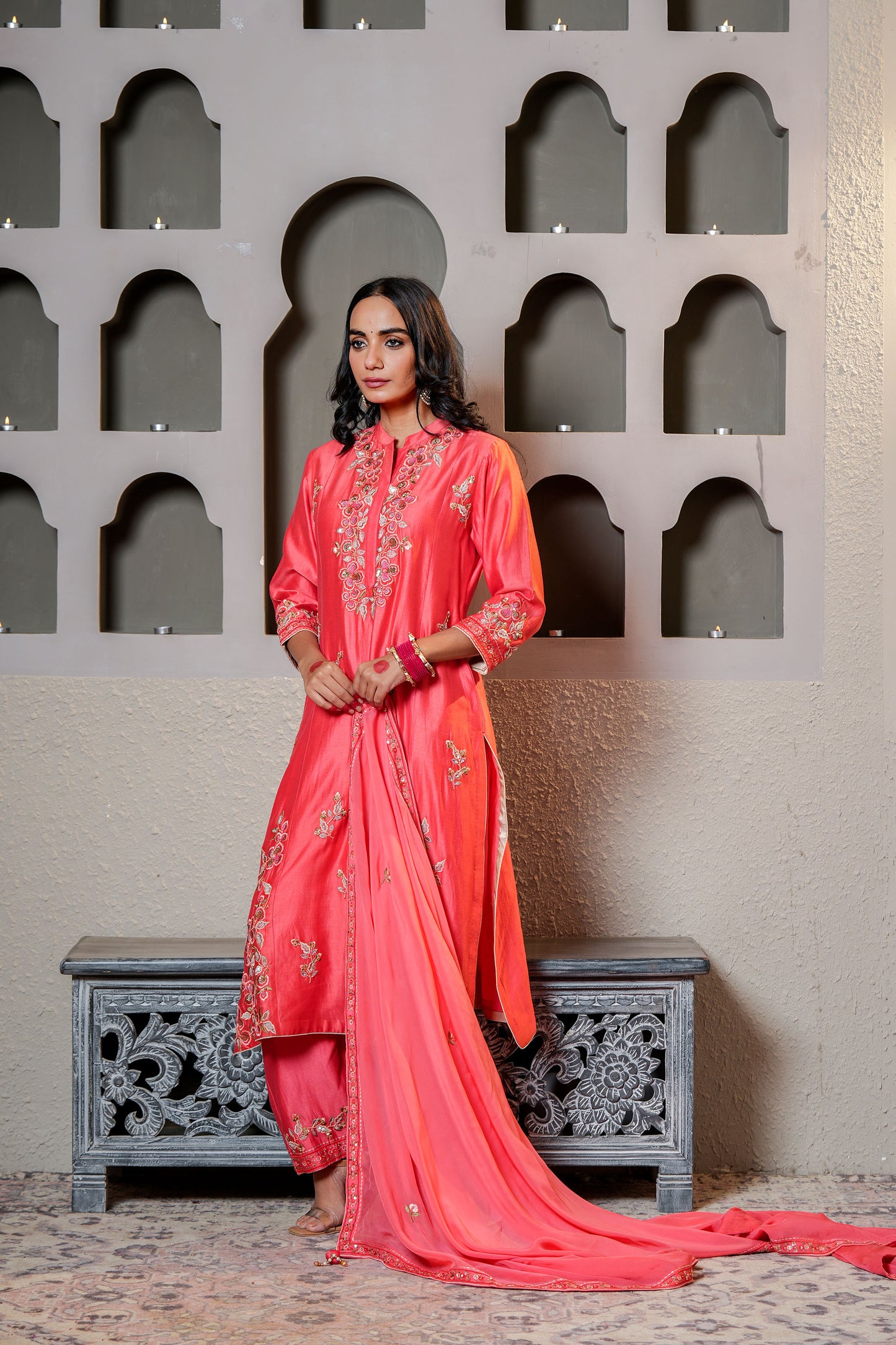 Red Chanderi Kurta Set With Pearl & Hand Work Embroidery