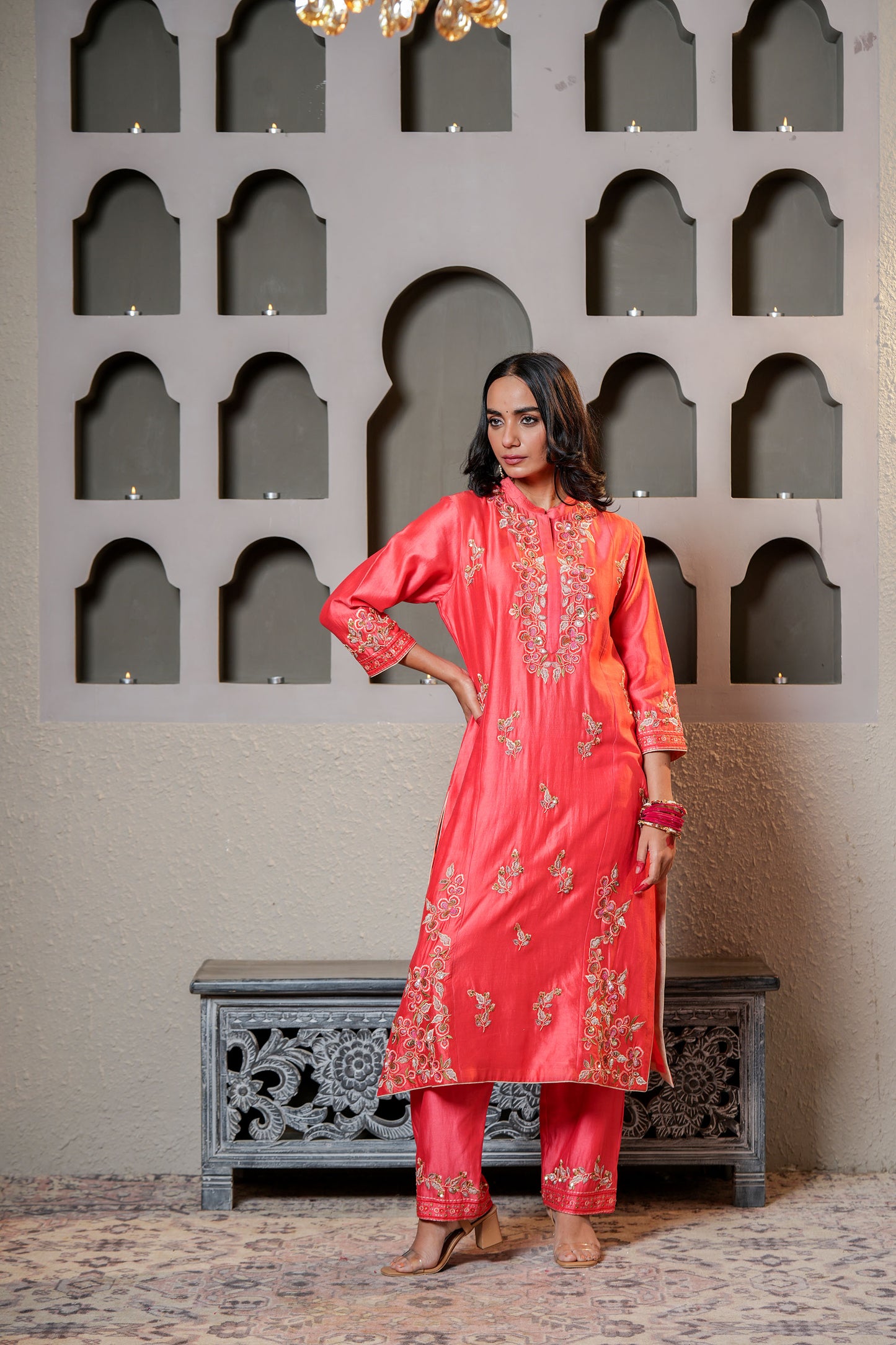 Red Chanderi Kurta Set With Pearl & Hand Work Embroidery