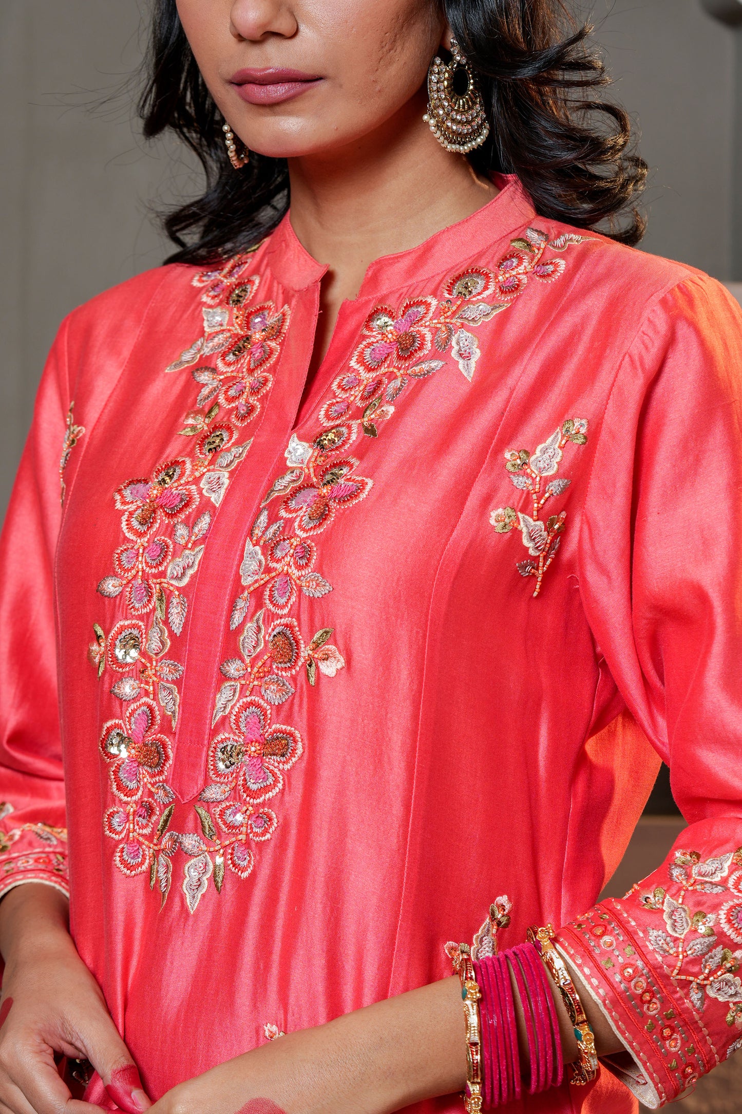Red Chanderi Kurta Set With Pearl & Hand Work Embroidery
