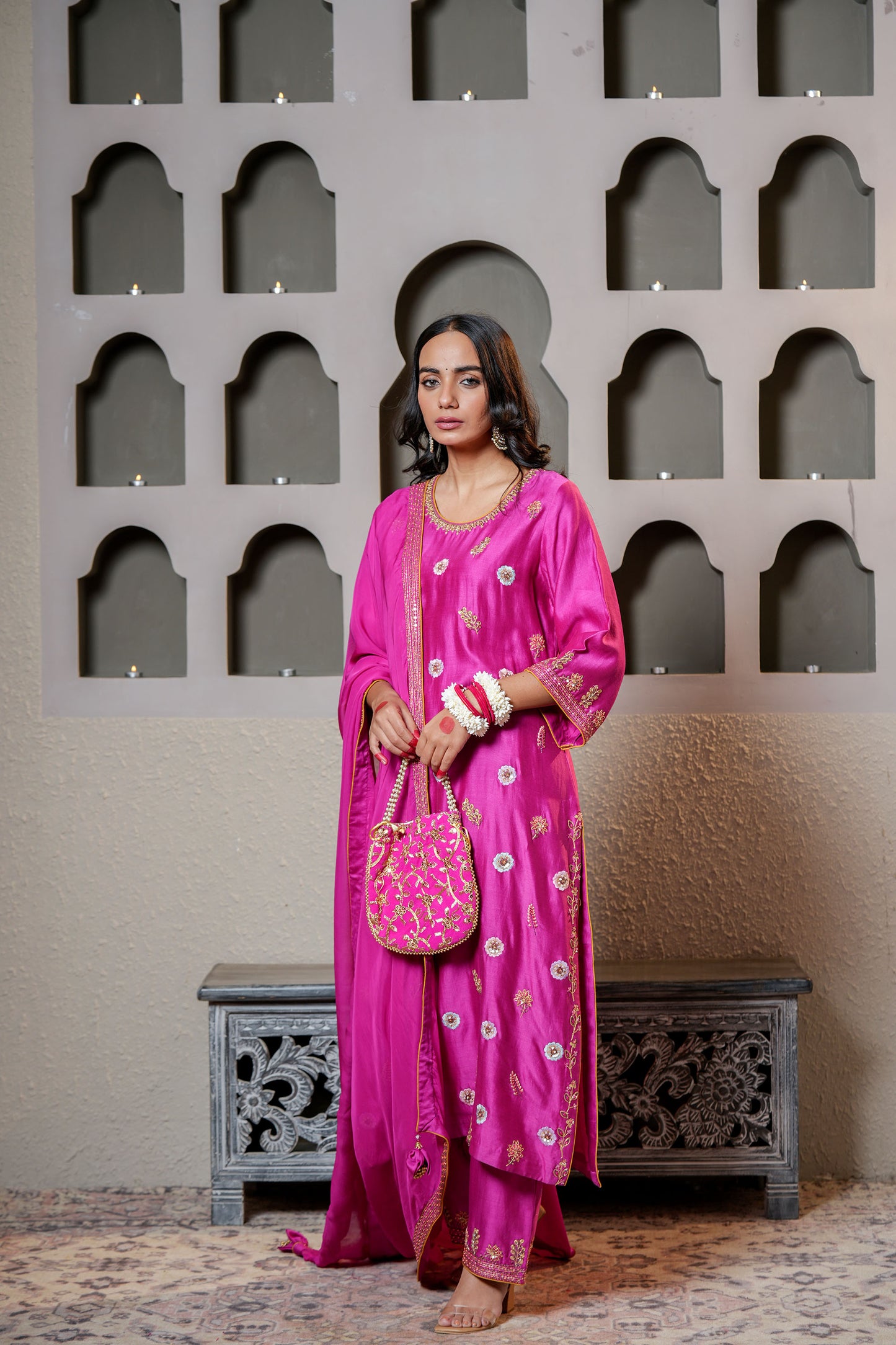 Wine Chanderi Booti & Hand Work Embroidered Kurta Set