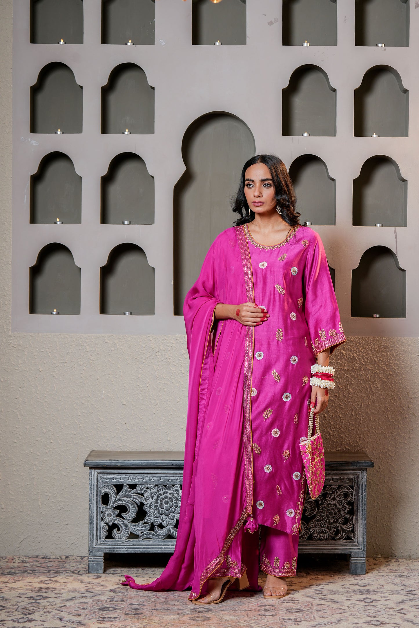 Wine Chanderi Booti & Hand Work Embroidered Kurta Set