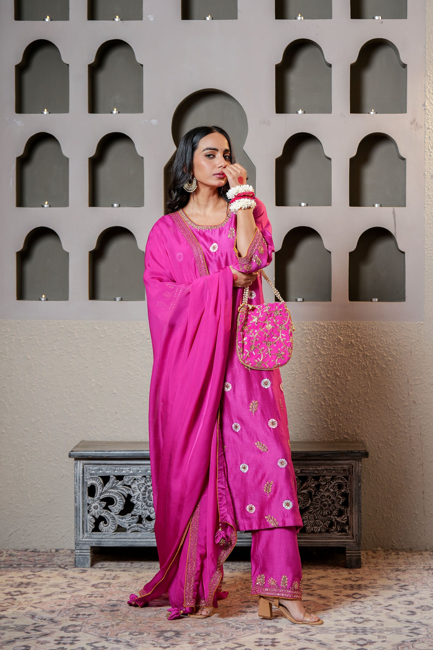 Wine Chanderi Booti & Hand Work Embroidered Kurta Set