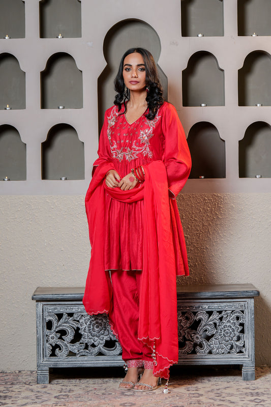 Red Chanderi Moti & SequinsPure Hand Work Anarkali