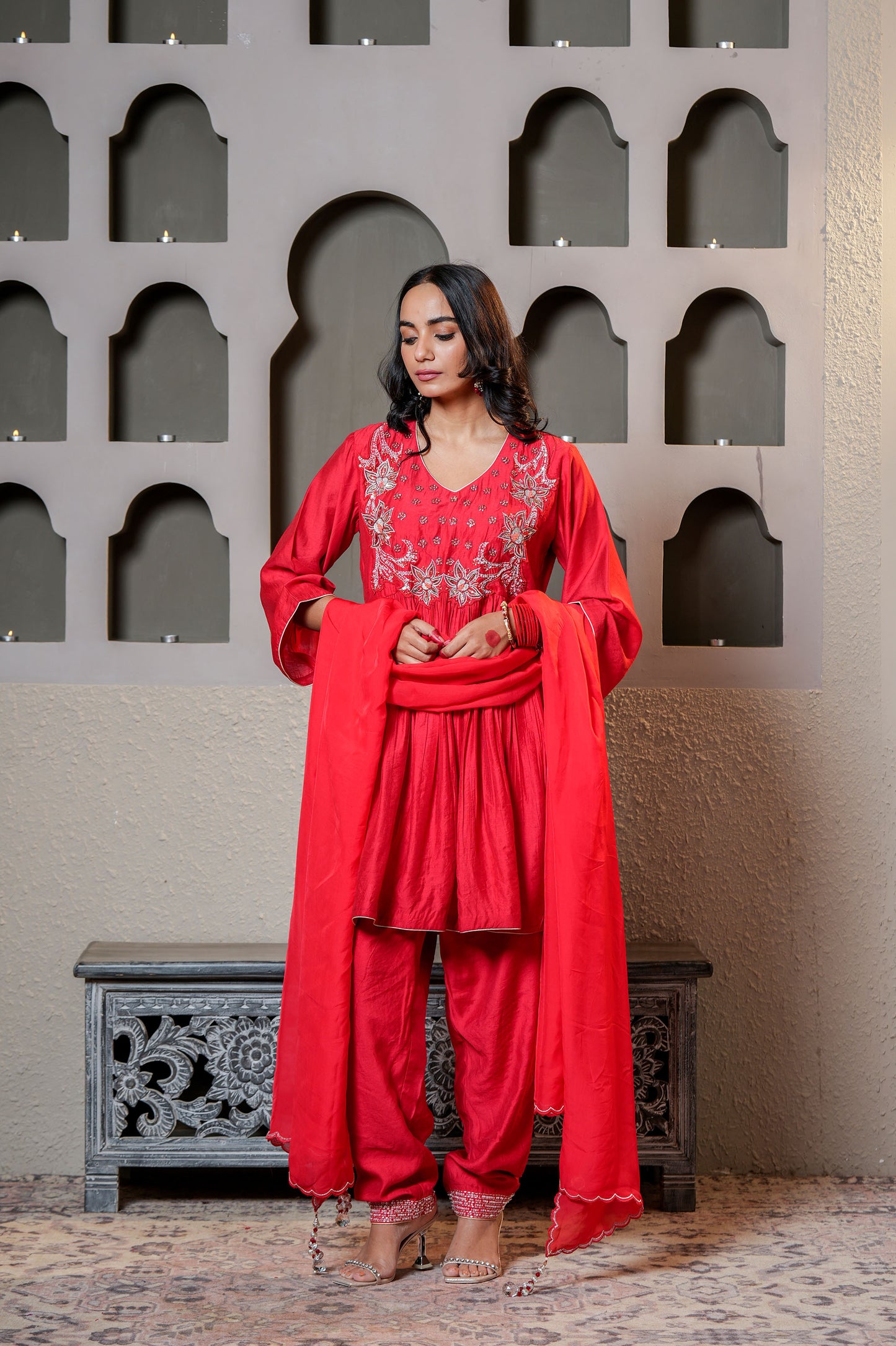Red Chanderi Moti & SequinsPure Hand Work Anarkali