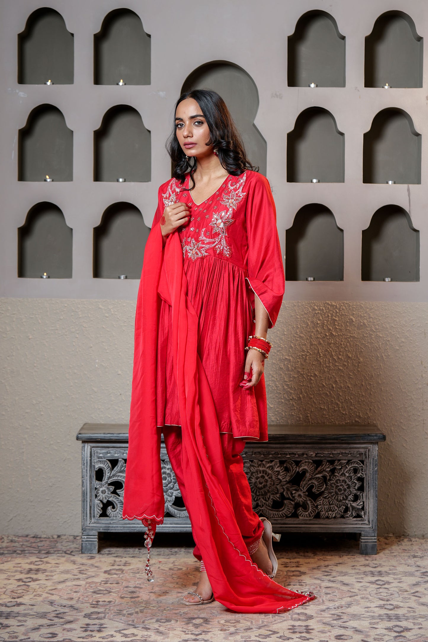 Red Chanderi Moti & SequinsPure Hand Work Anarkali