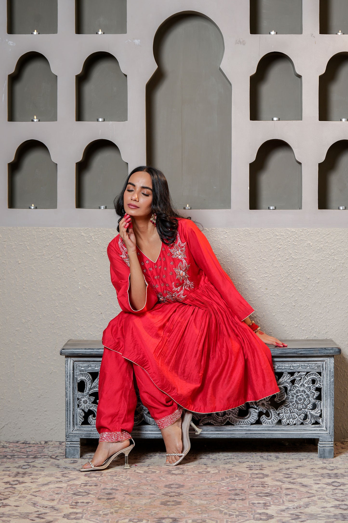 Red Chanderi Moti & SequinsPure Hand Work Anarkali