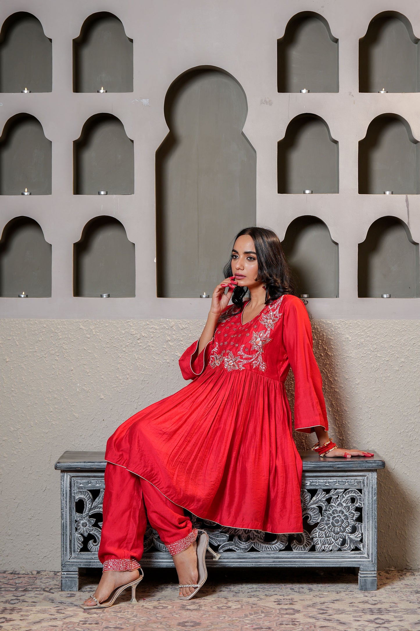 Red Chanderi Moti & SequinsPure Hand Work Anarkali