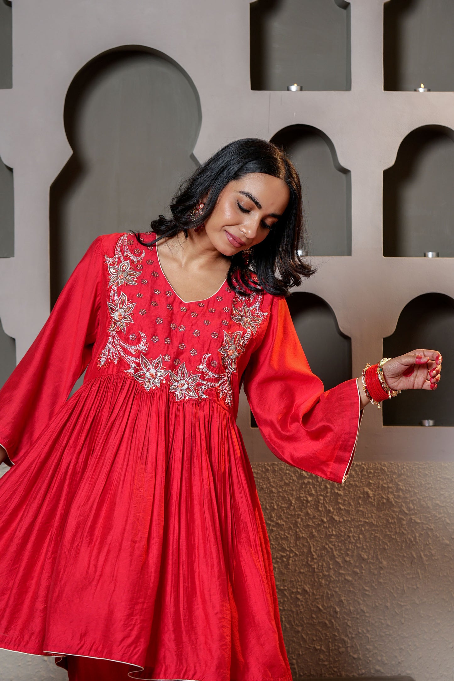 Red Chanderi Moti & SequinsPure Hand Work Anarkali