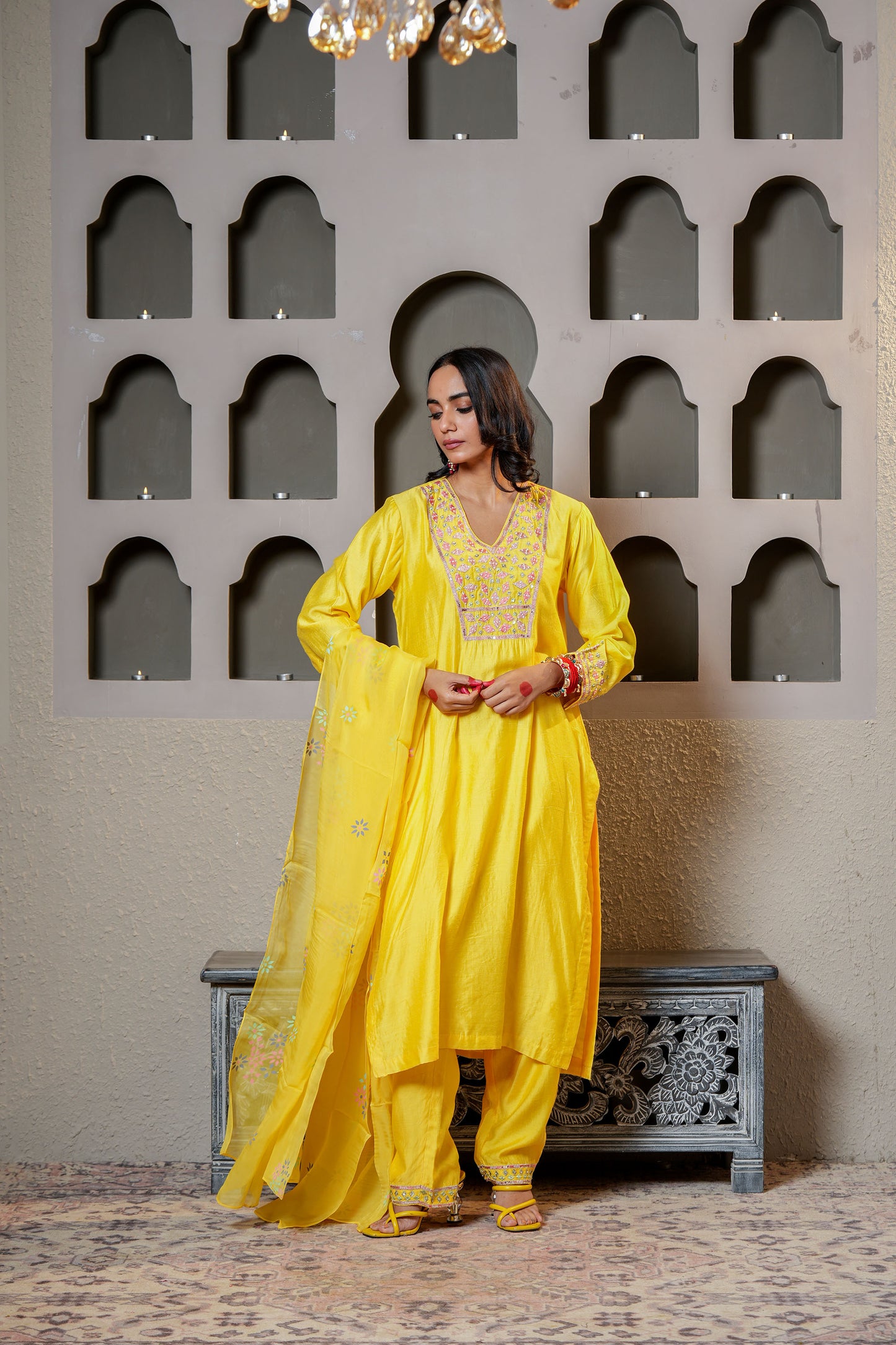 Yellow Viscose Chanderi Hand Work Kurta Set
