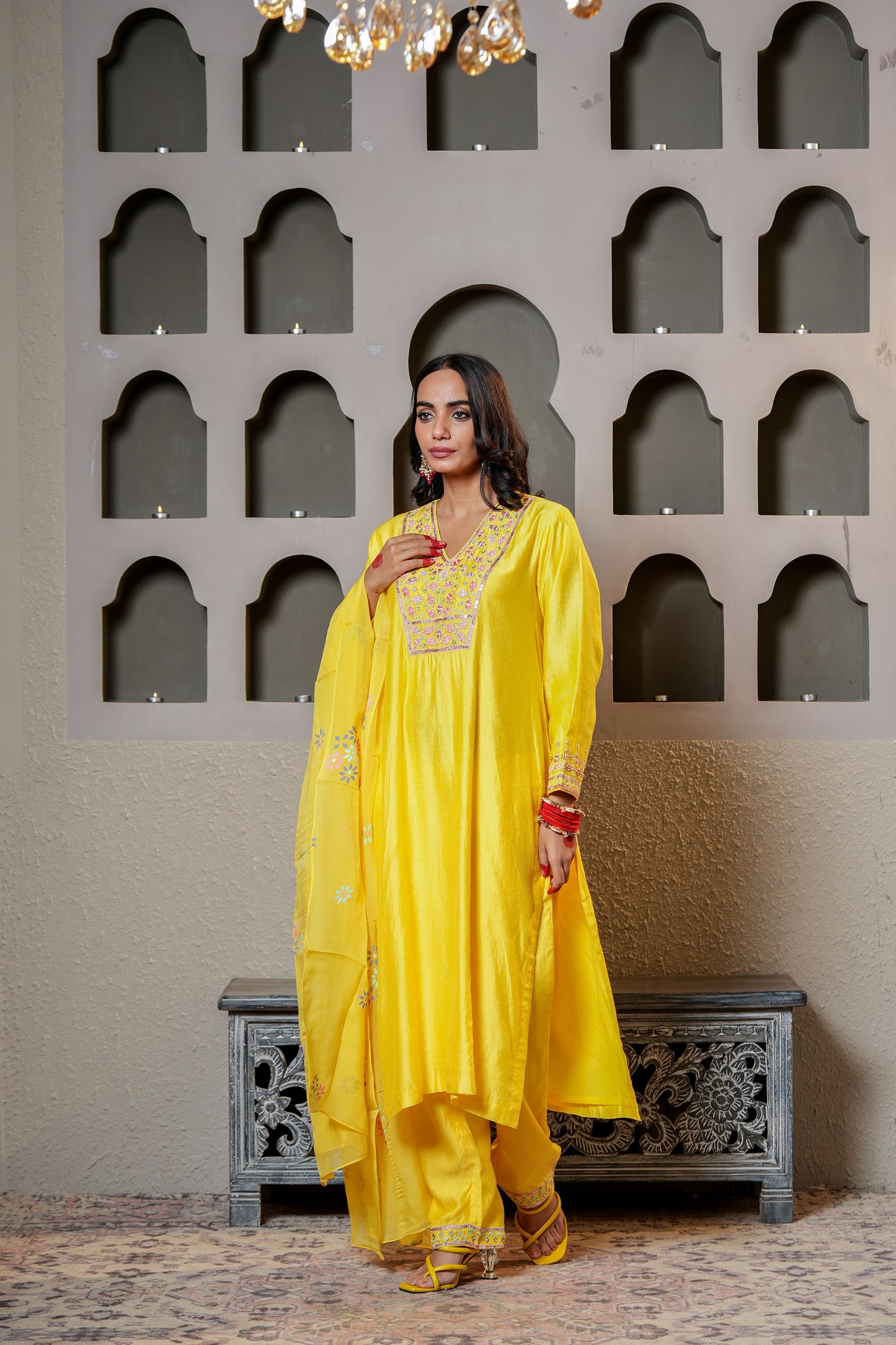 Yellow Viscose Chanderi Hand Work Kurta Set