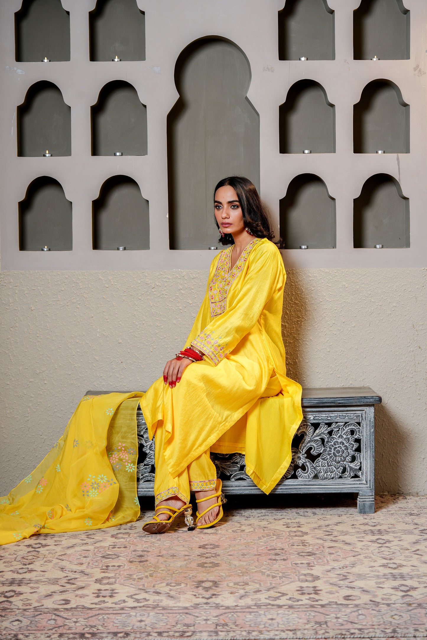 Yellow Viscose Chanderi Hand Work Kurta Set