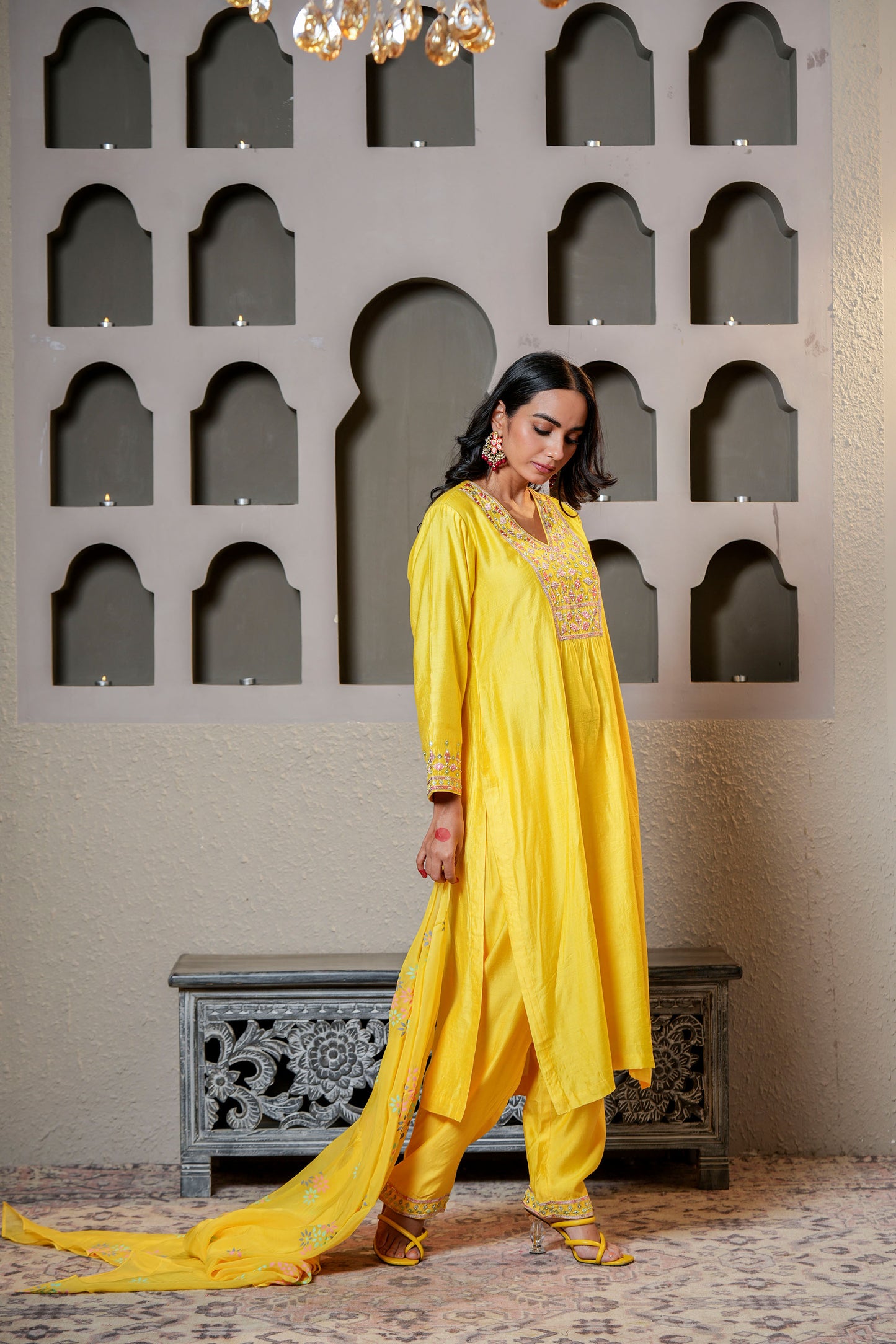 Yellow Viscose Chanderi Hand Work Kurta Set