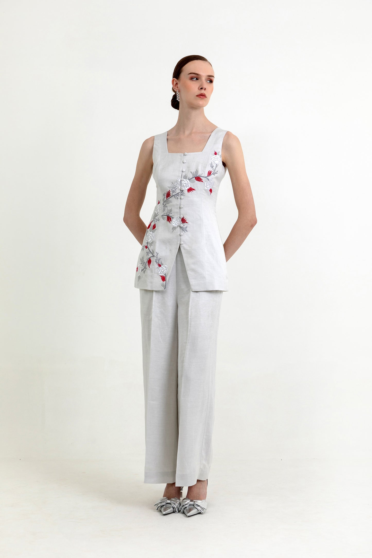 Peony Silver Satin Designer Co-ord Set