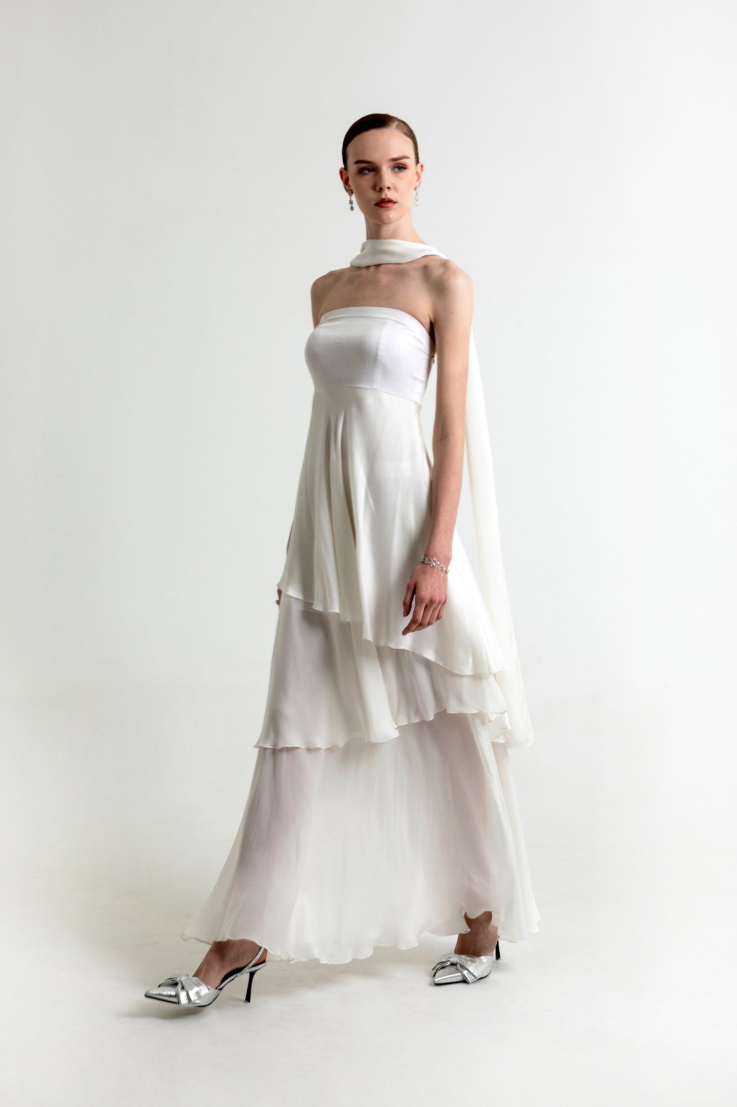 Aurora White Satin Party Wear Co-ord Set with Scarf